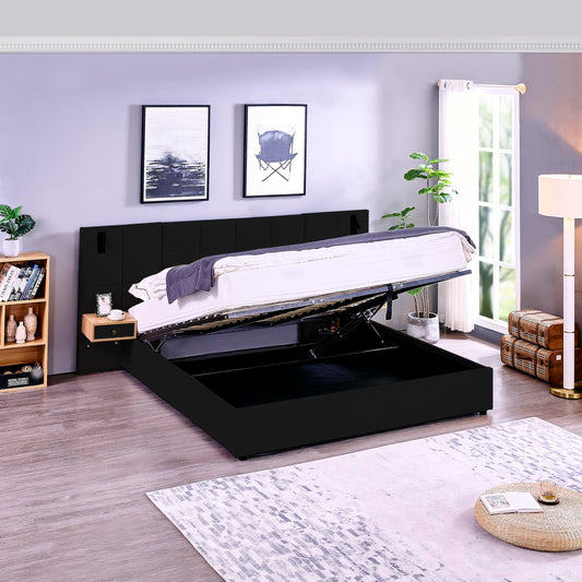 KEIKI King Size Storage Velvet Upholstered Hydraulic Lift Platform Bed with 2 Shelves, 2 Reading Lamps and USB Port, Modern King Bed Frame with Headboard, Space Saving, Black