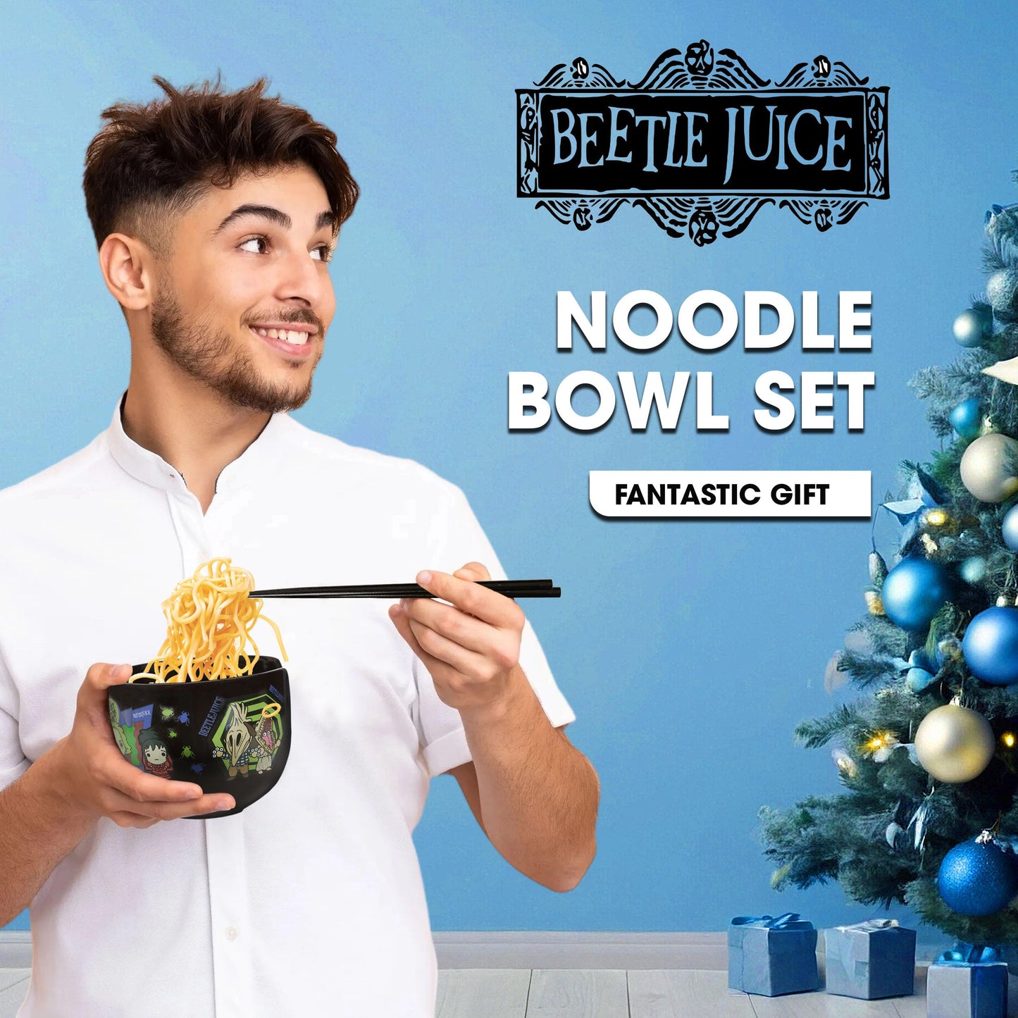 Culture Fly Beetlejuice Microwave Ramen Bowl Set with Chopsticks and Spoon, 20 oz Ceramic Instant Noodle Bowls with Chopsticks, Ramen Noodle Bowl, Rice Bowl Anime Gifts for Men