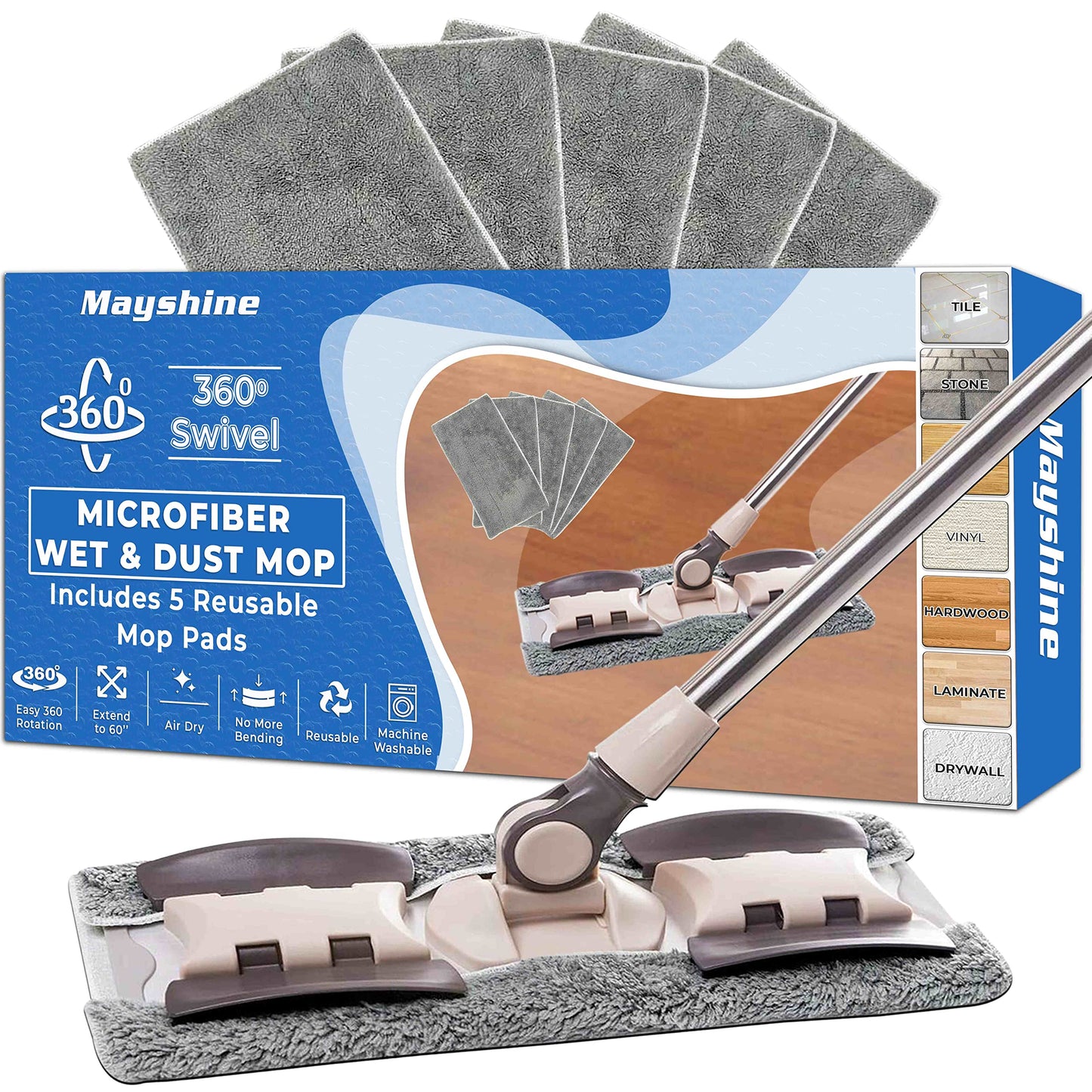 MAYSHINE Microfiber Hardwood Floor Wet and Dry Dust Mop w/ 5 Reusable Pads, 360 Spin Mop System | Use on Wood, Tile, Laminate, Vinyl and More | Flat Mop with 60" Extendable Stainless Steel Handle