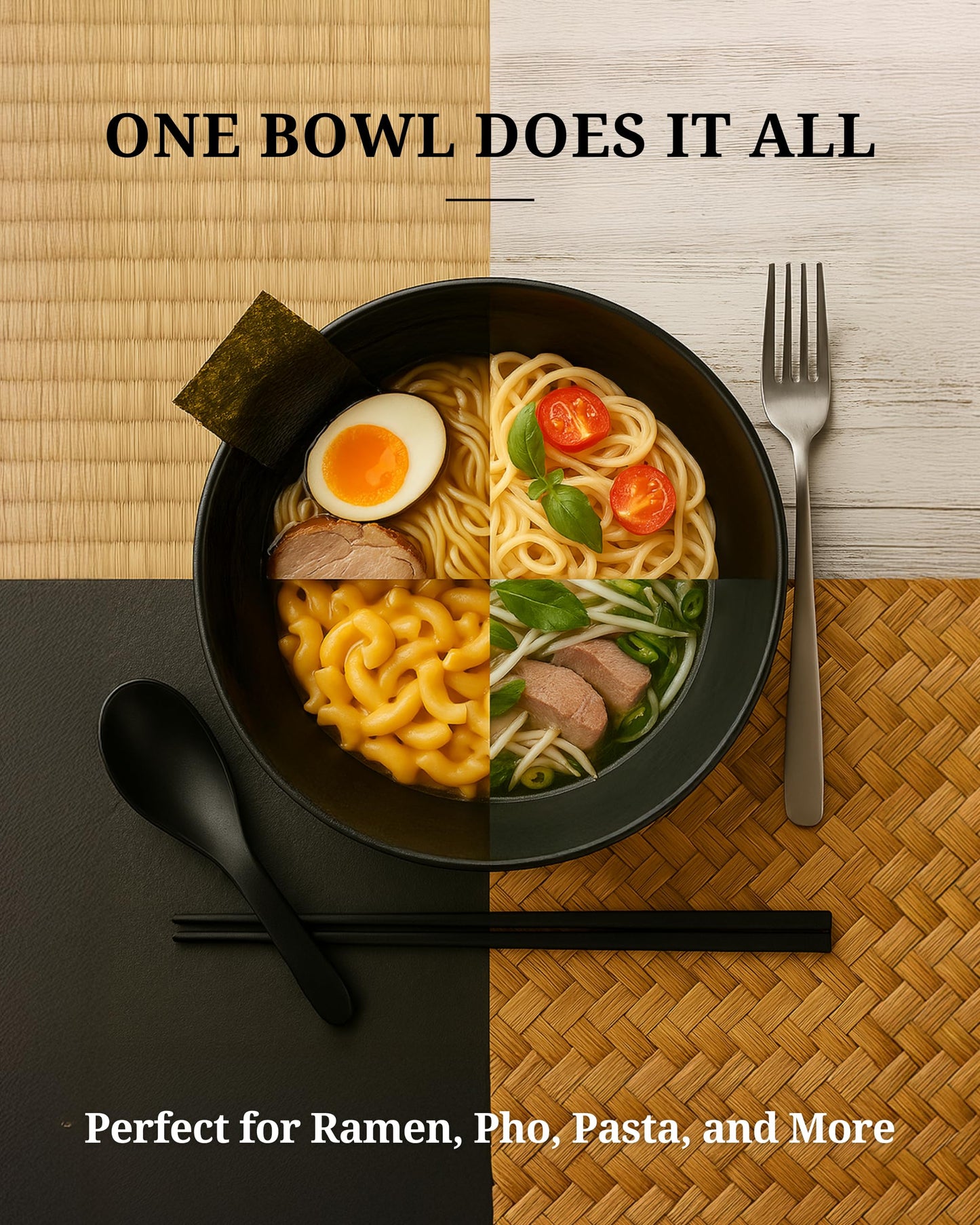 APEX S.K. 4 Sets (12 Piece) 57 Ounce Large Japanese Ramen Noodle Soup Bowl Melamine Hard Plastic Dishware Ramen Bowl Set with Matching Spoon and Chopsticks for Udon Soba Pho Asian Noodles
