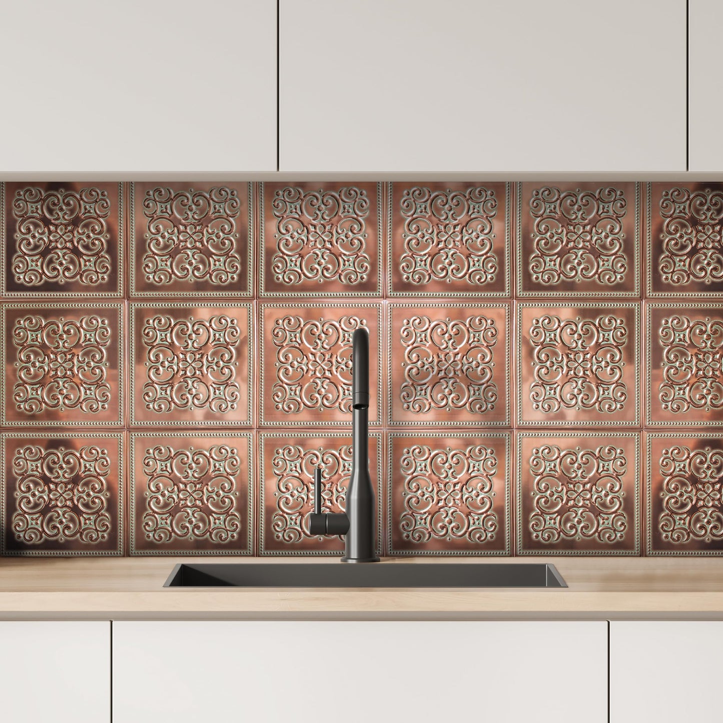 Wall Wear 10-Pack Peel and Stick Backsplash Metal Tiles 8" x 8" Patina Copper Design, Water-Resistant, Renter-Friendly, Aluminum Tile for Kitchen, Bathroom, Ceiling & DIY Projects