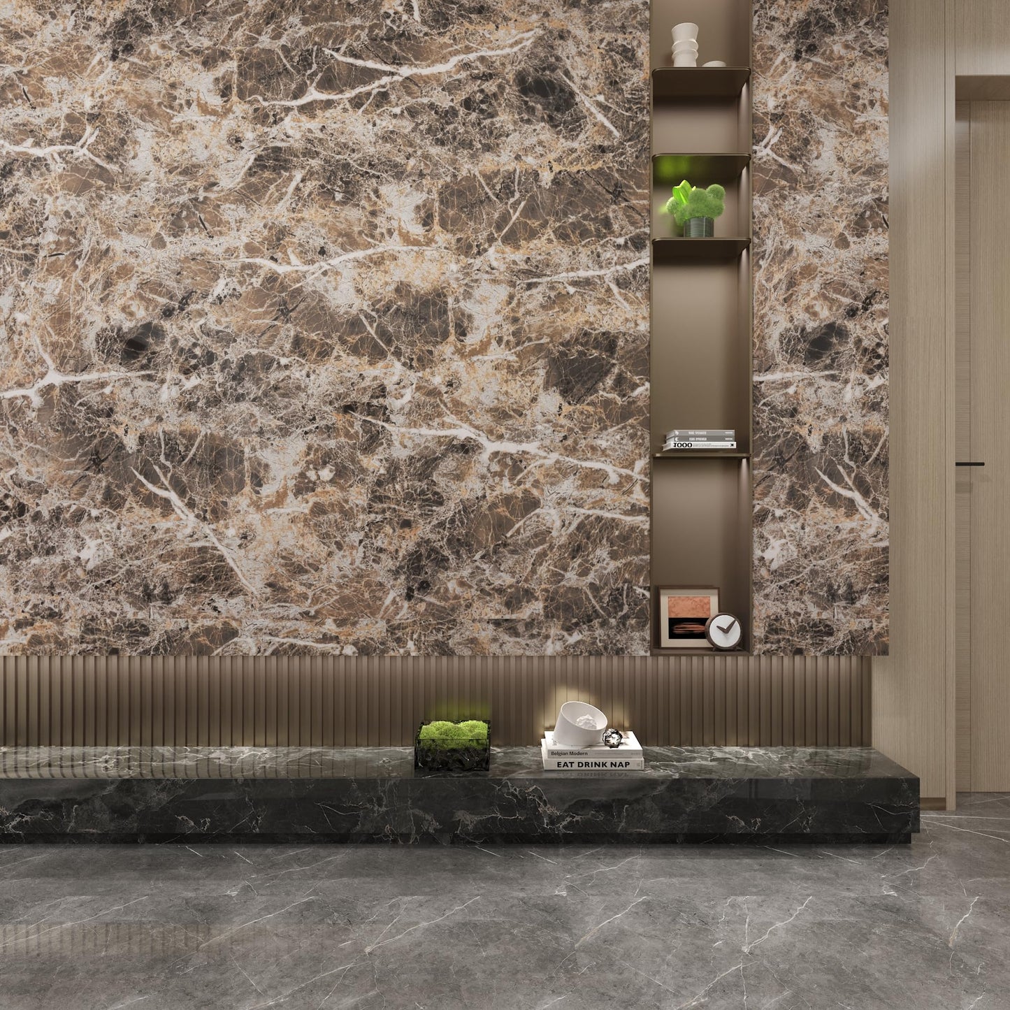 JSEVEM 16"×394" Thick Brown White Marble Wallpaper Peel and Stick Waterproof Brown Marble Contact Paper Vinyl DIY Faux Granite Furniture Tile Stickers for Kitchen Bedroom Walls Bathroom Countertops