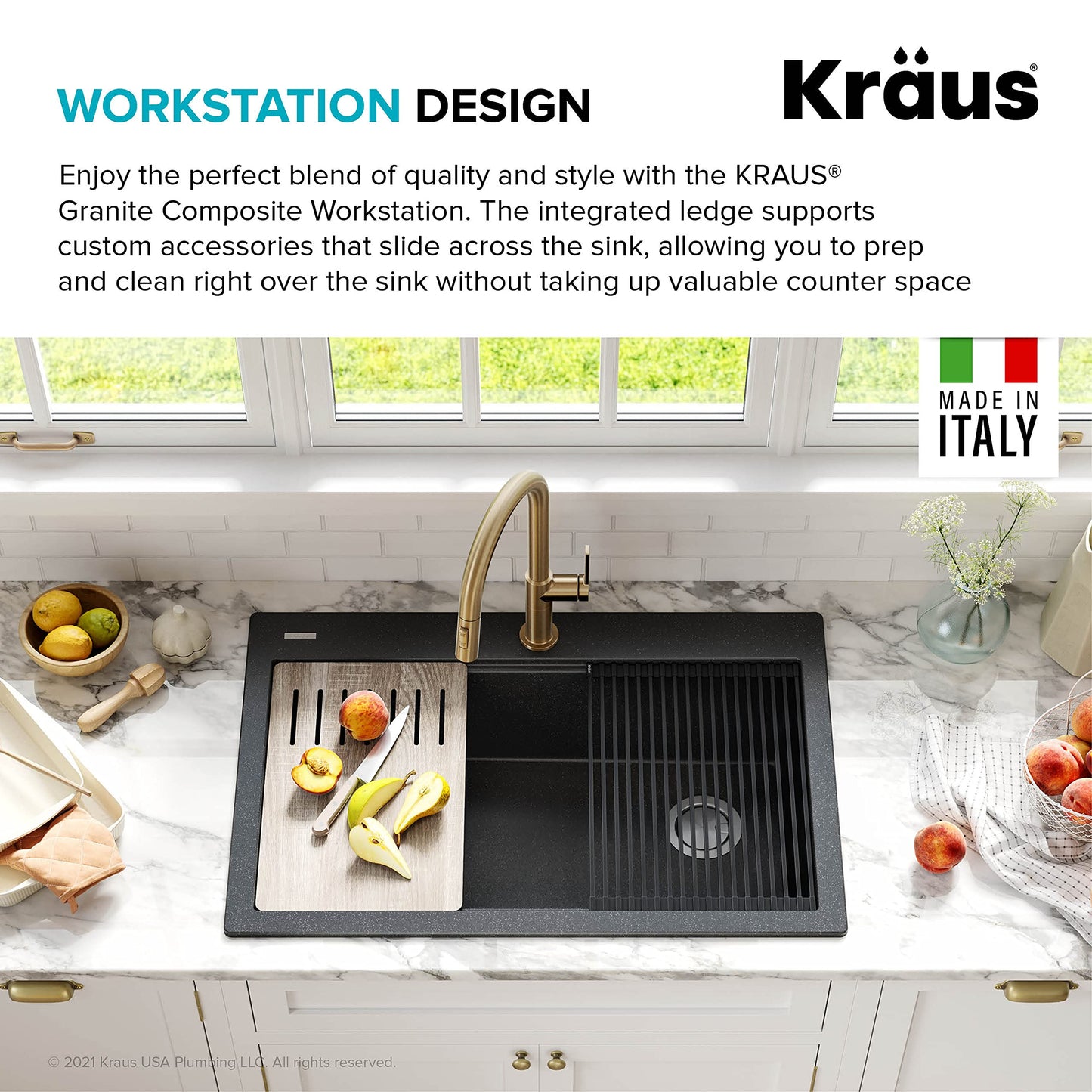 KRAUS Bellucci Workstation 33" Single Bowl Granite Kitchen Sink in Metallic Black w/Accessories, KGTW2-33MBL, Includes Dish Drainer/Dish Drying Rack