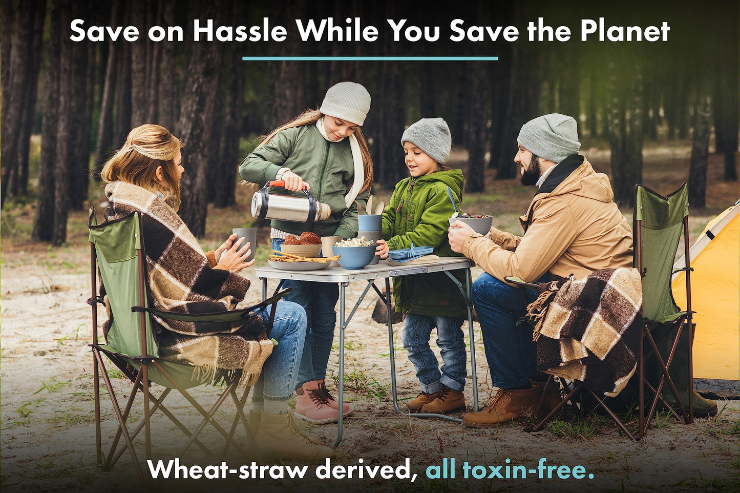 FOODLE Wheat Straw Dinnerware Set - BPA Free & Safety Certified - Microwave & Dishwasher Safe - Perfect for Kids, College Dorm, Picnic, Camper, RV Dishes - Camping Plates Cups and Bowls Set - For 6