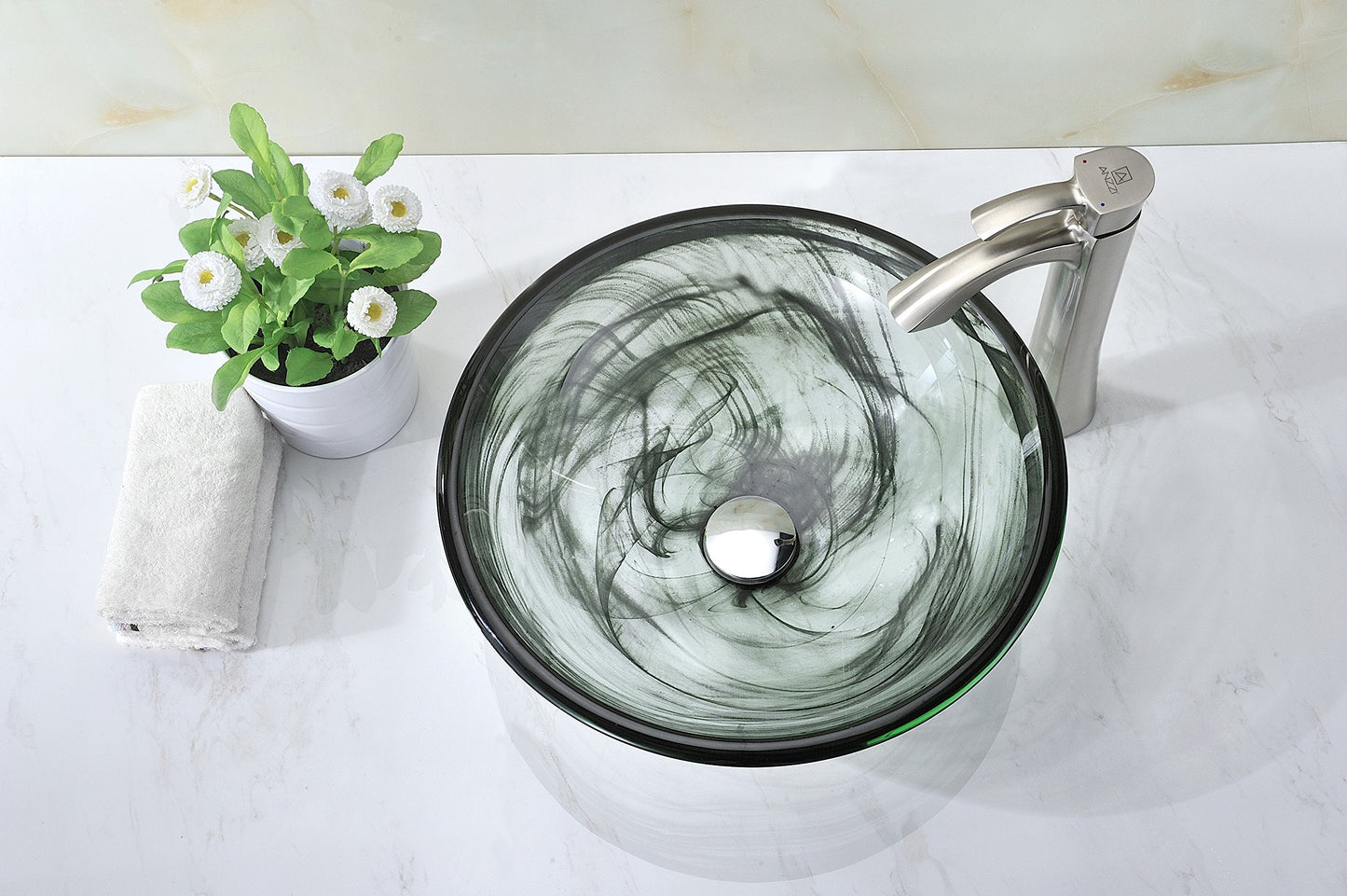 ANZZI Mezzo ModernTempered Glass Vessel Bowl Sink in Slumber Wisp | Grey Top Mount Bathroom sinks above counter | Round Vanity Countertop Sink Bowl with Pop Up Drain | LS-AZ054