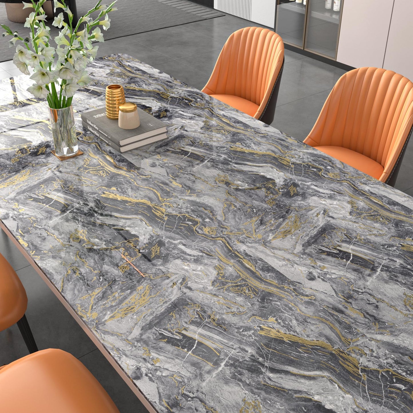 Decotalk 24x120 Inch Glossy Countertop Contact Paper - Grey Marble Contact Paper for Countertops Gold Marble Wallpaper Peel and Stick Counter Top Wrap Waterproof Grey Marbles Wallpaper