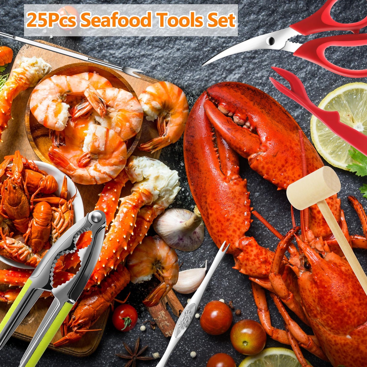 Seafood Crab Crackers and Tools, 25 Pcs Crab Leg Cracker Tool, Nut Crackers Tool, Crab Crackers, Lobster Shellers, Seafood Forks, Wide Crab Forks, Seafood Scissors, Crab Hammers, mobzio Crab Tools