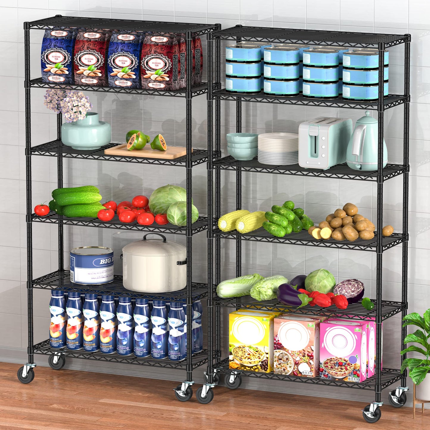 Alexayhome Heavy Duty Wire Metal Shelving with Wheels 6 Tier Garage Storage Utility Rolling Shelves Rack Unit Industrial Adjustable Sturdy Shelving for Kitchen Garage Pantry Bathroom Laundry