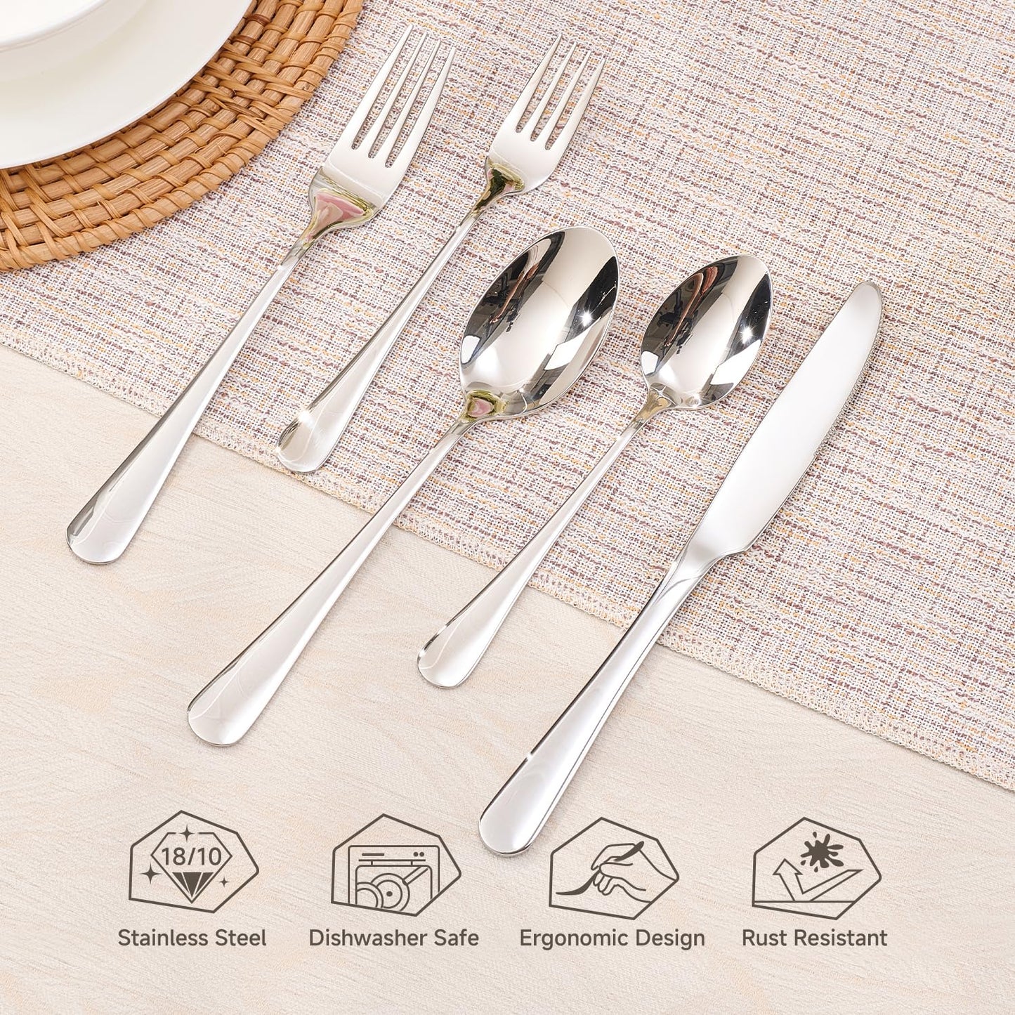40-Piece Silverware Set for 8, Premium 18/10 Stainless Steel Flatware, Quality Heavy Duty Cutlery Utensils, Mirror Polished Dishwasher Safe Silverware for Home Wedding Housewarming Gift - HIKAA