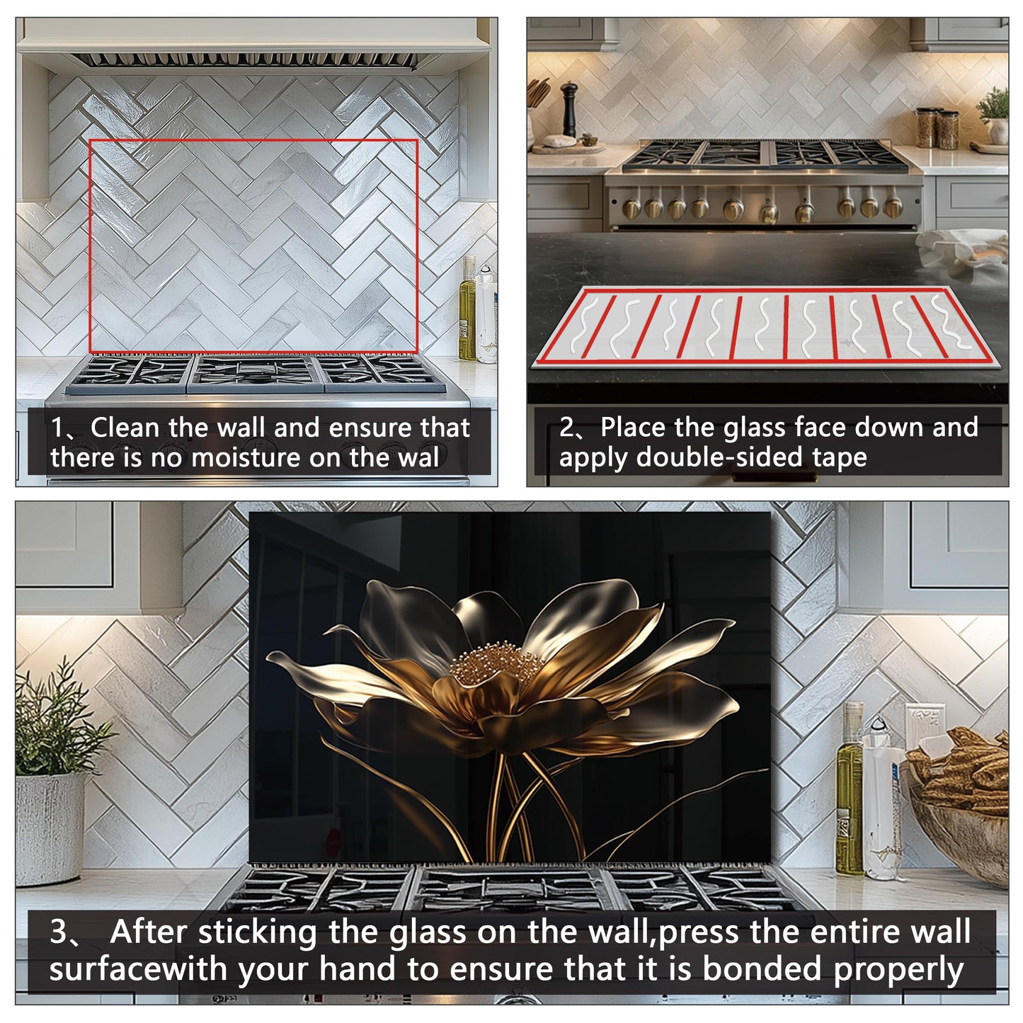 DAIFURONGE Black Golden Lotus, Tempered Glass Backsplash for Kitchen,Easy to Clean, One Piece Glass Behind Stove Splashback Panel, Home Kitchen Wall Decor (black, 30"x30"(76.2x76.2cm))