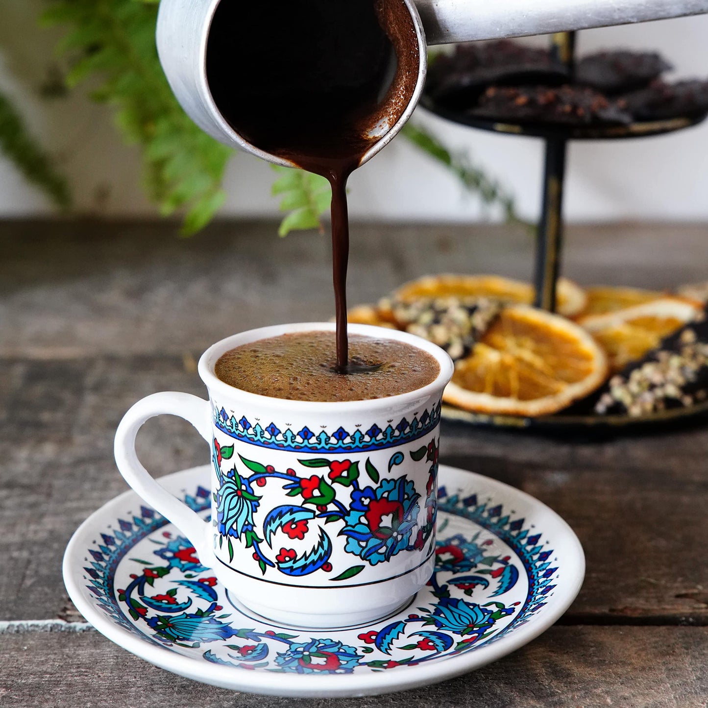 SANTA MARLA Turkish Coffee Cup Set of 6 with Saucers & Holder – Ceramic, Dishwasher-Safe, Keeps Warm – Patterned Turkish Espresso Cups Set for Home & Office (Set Of 6)
