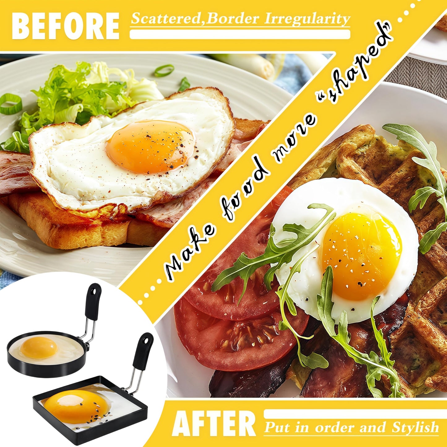 Beiskll 4 Pack Egg Rings for Frying Eggs, Round & Square Egg Cooking Stainless Steel, for English Muffins Pancake, with Silicone Handle