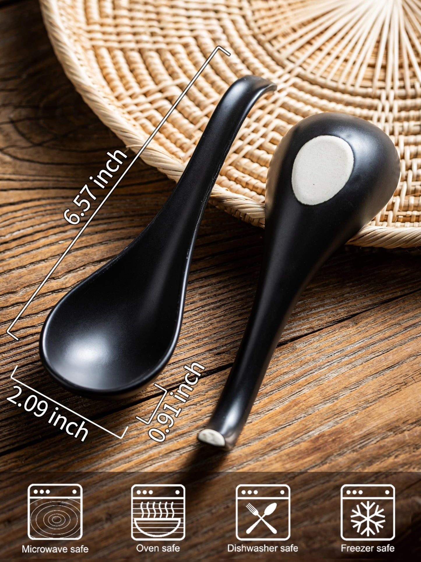 Gomakren Asian Soup Spoons, 6.5 Inch Ceramic Chinese Soup Spoons for Cereal, Ramen, Pho, Noodles, Stews, Black Kitchen Spoons with Long Handle and Deep Oval Design - Set of 6