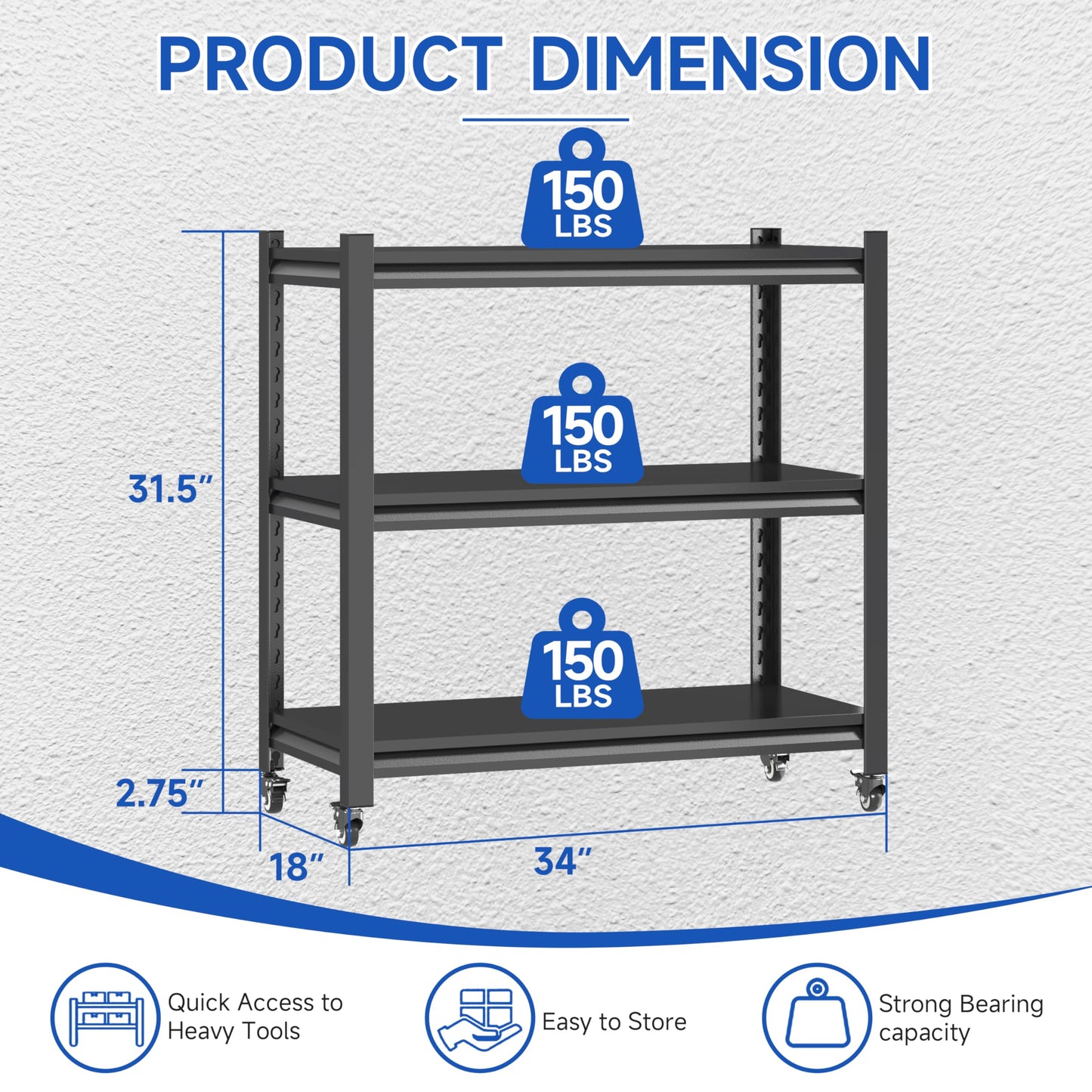 3 Tier Adjustable Garage Storage Shelving,Heavy Duty Utility Rack Shelf Unit on 4 Wheel Casters,Standing shelves for Garage, Home, Pantry,Kitchen,Warehouse,Bathroom & Laundry,Storage Rack - Black