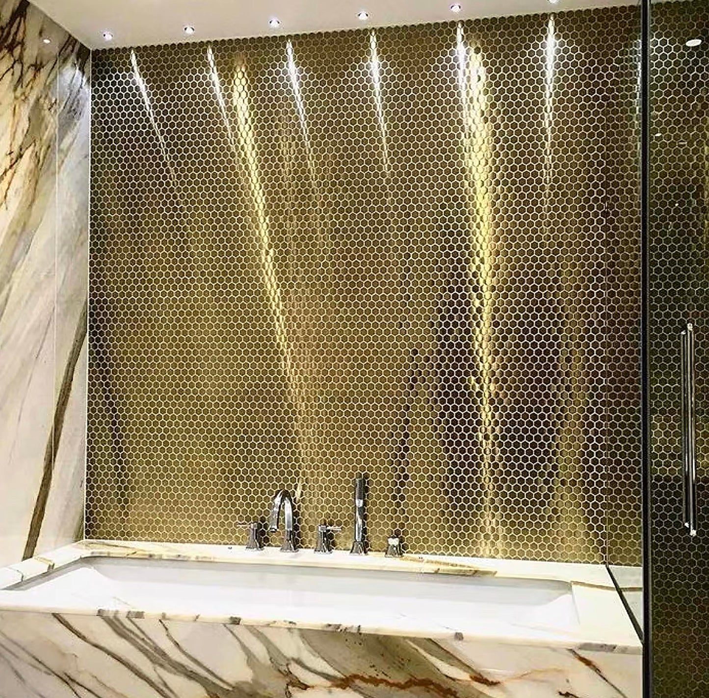 Blujellyfish Hexagon Gold Backsplash Tiles Metal Mosaic Tile Stainless Steel Brushed/Shiny Kitchen Bathroom Backsplash Shower Floor Wall Accent Tiles (5 Square Feet)