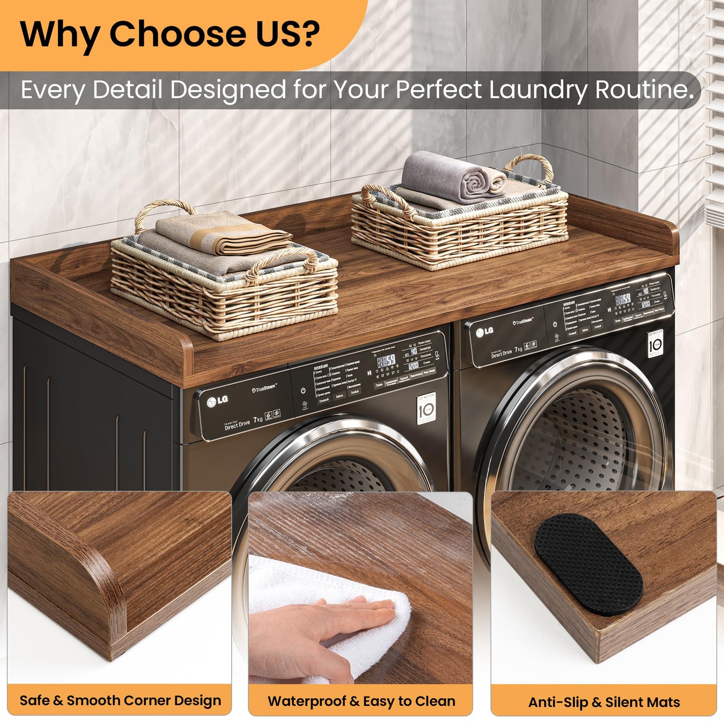 Washer Dryer Countertop, 27.5"x54" Wood Washer and Dryer Countertop with 2.95" Edge Rails, Laundry Machine Topper with Rounded Corner for Laundry Room Organization and Storage, Walnut