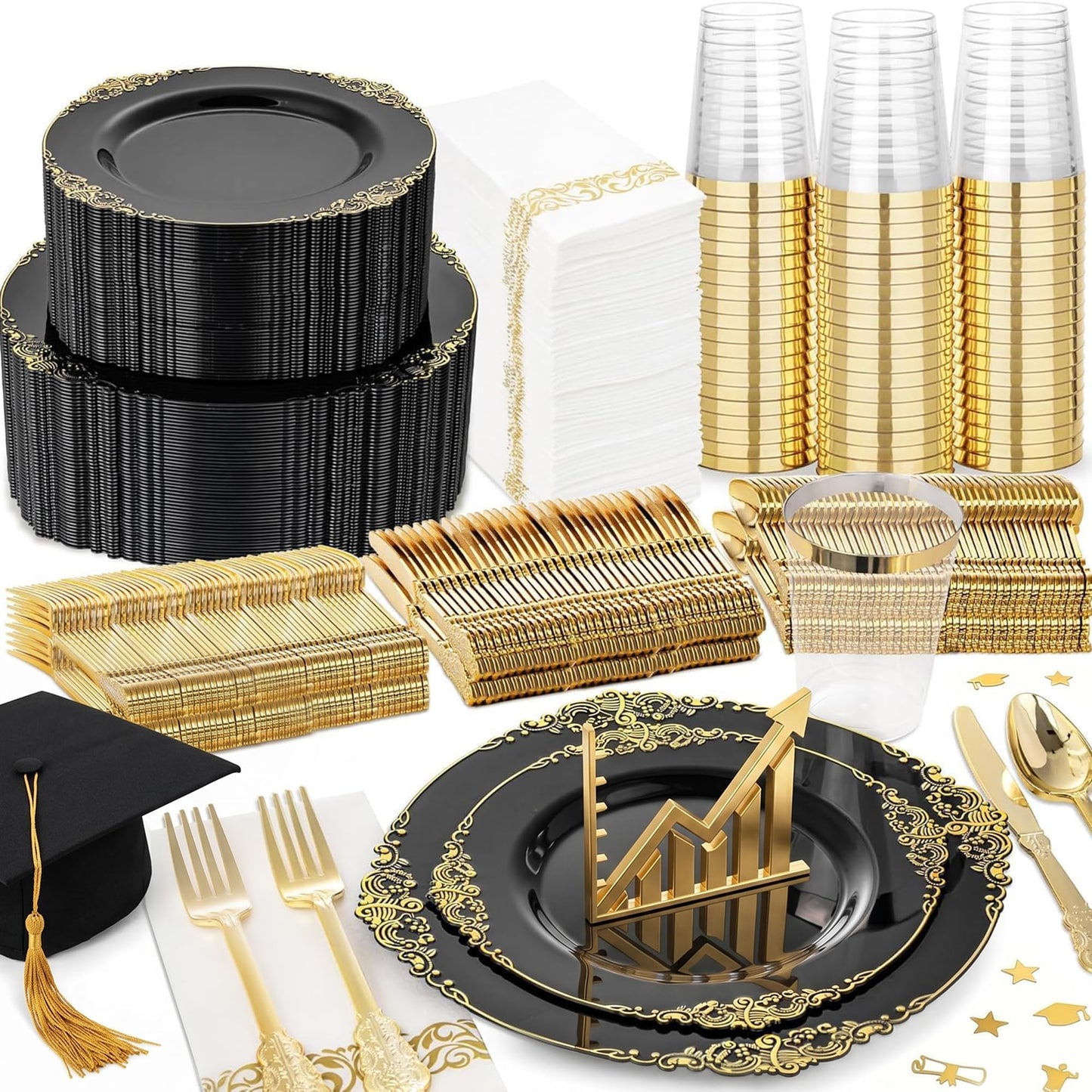 Nervure 350PCS Black Plastic Plates - Black Plastic Dinnerware Sets for 50 Guests - 100 Disposable Plates, 150 Gold Silverware, 50 Cups, 50 Napkins for Wedding & Party & Graduation & Retirement