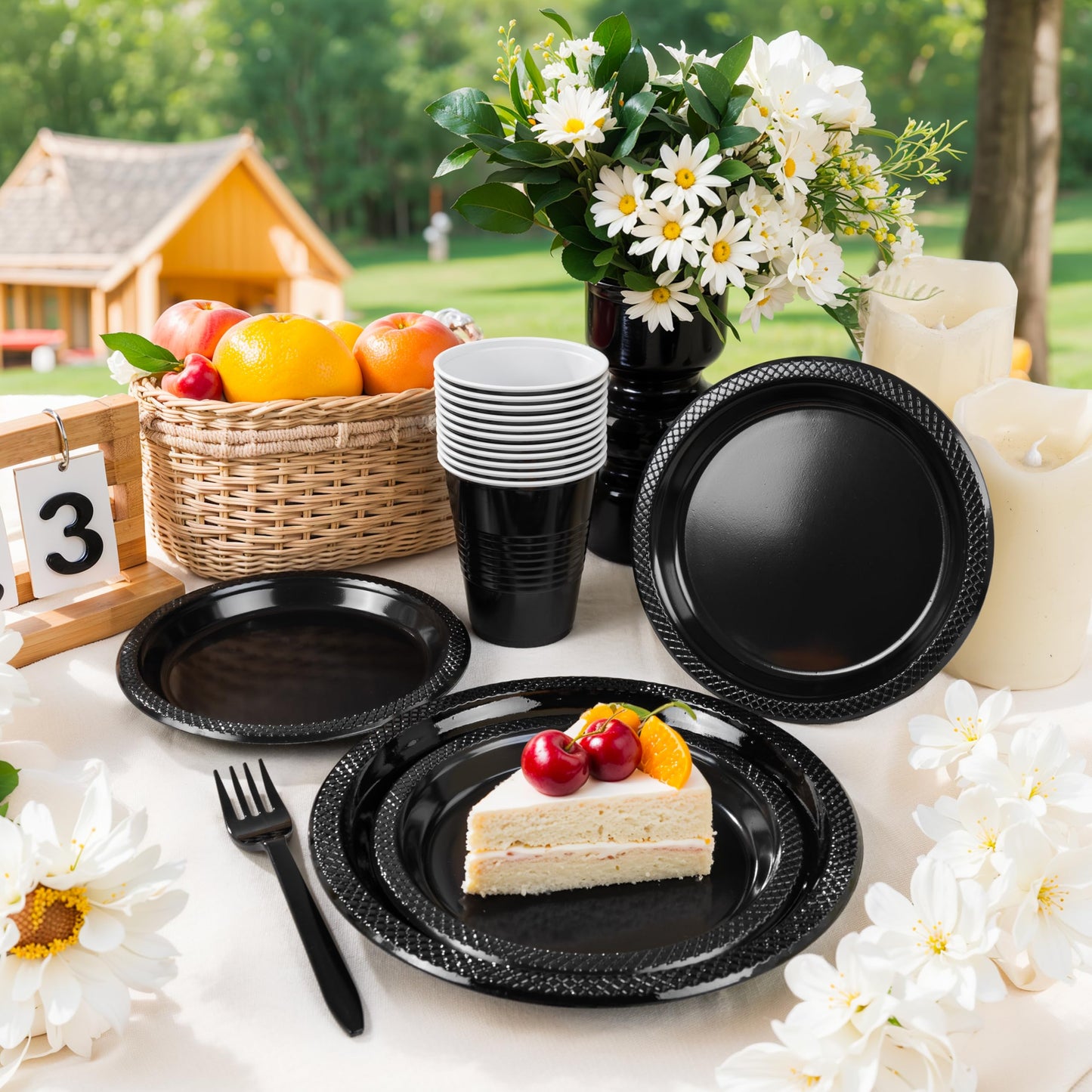 MirthMood 350PCS Black Disposable Plates,Black Plates,Plastic Party Supplies, Includes 50 Dinner Plates, 50 Salad Plates, 50 Silverware, 50 Napkins and 50 12OZ Cups for Wedding & Birthday & Party