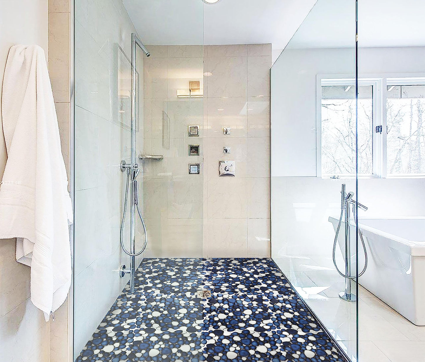 Primoon Pebble Ceramic Tiles 5 Sheets, Heart-Shaped 12x12 Floor Tile Ceramic, Dark Blue Mosaic Tiles Mesh Mounted, Waterproof Porcelain Tile Decorative for Kitchen Bath Backsplash Shower Floor Pool