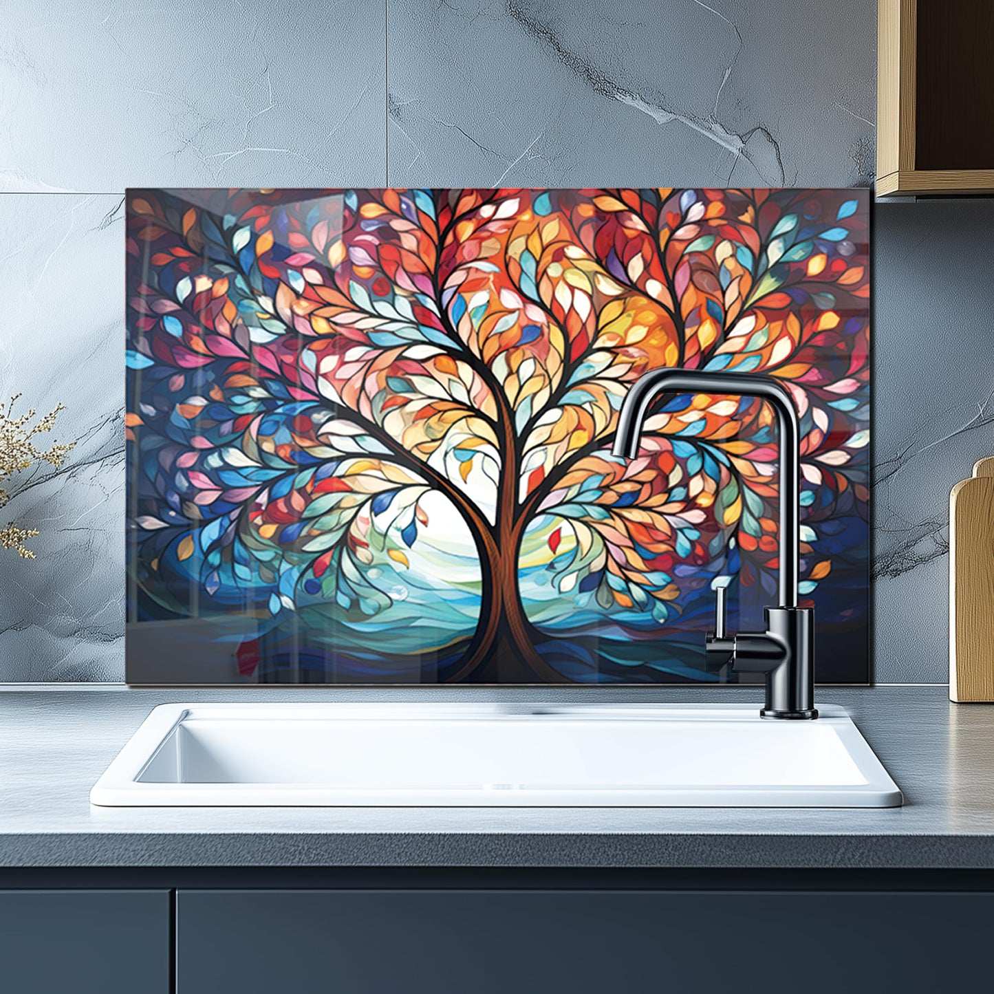 DAIFURONGE Tempered Glass Backsplash for Kitchen, Tree of Life Art Stove Backsplash Protector - Easy to Clean Wall Decor (Art Deco 2, 30"x18"(76.2x45.72cm))