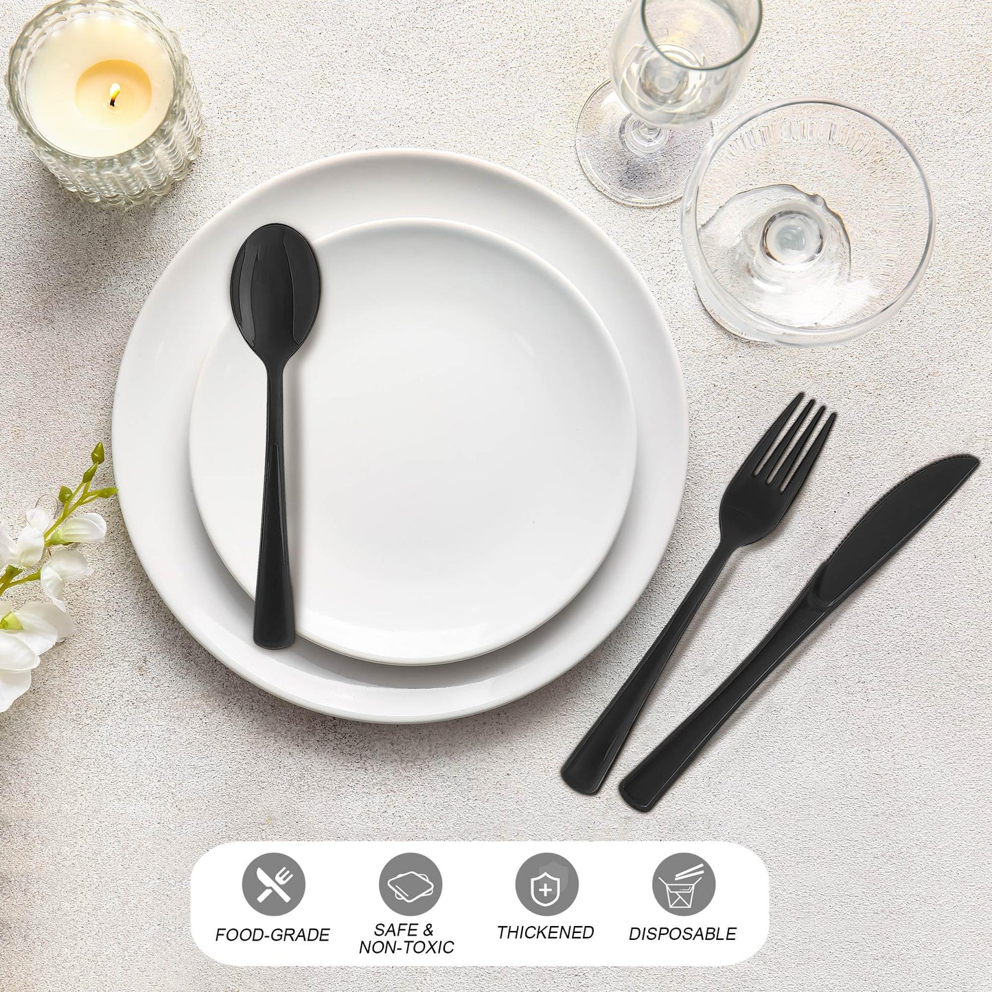 Kochorie 300 Pieces Graduation Black Plastic Silverware, Heavy Duty Disposable Utensils with Forks Spoons Knives, Premium Heavyweight Cutlery for Graduation Party, Birthday, Prom Night, Wedding Dinner