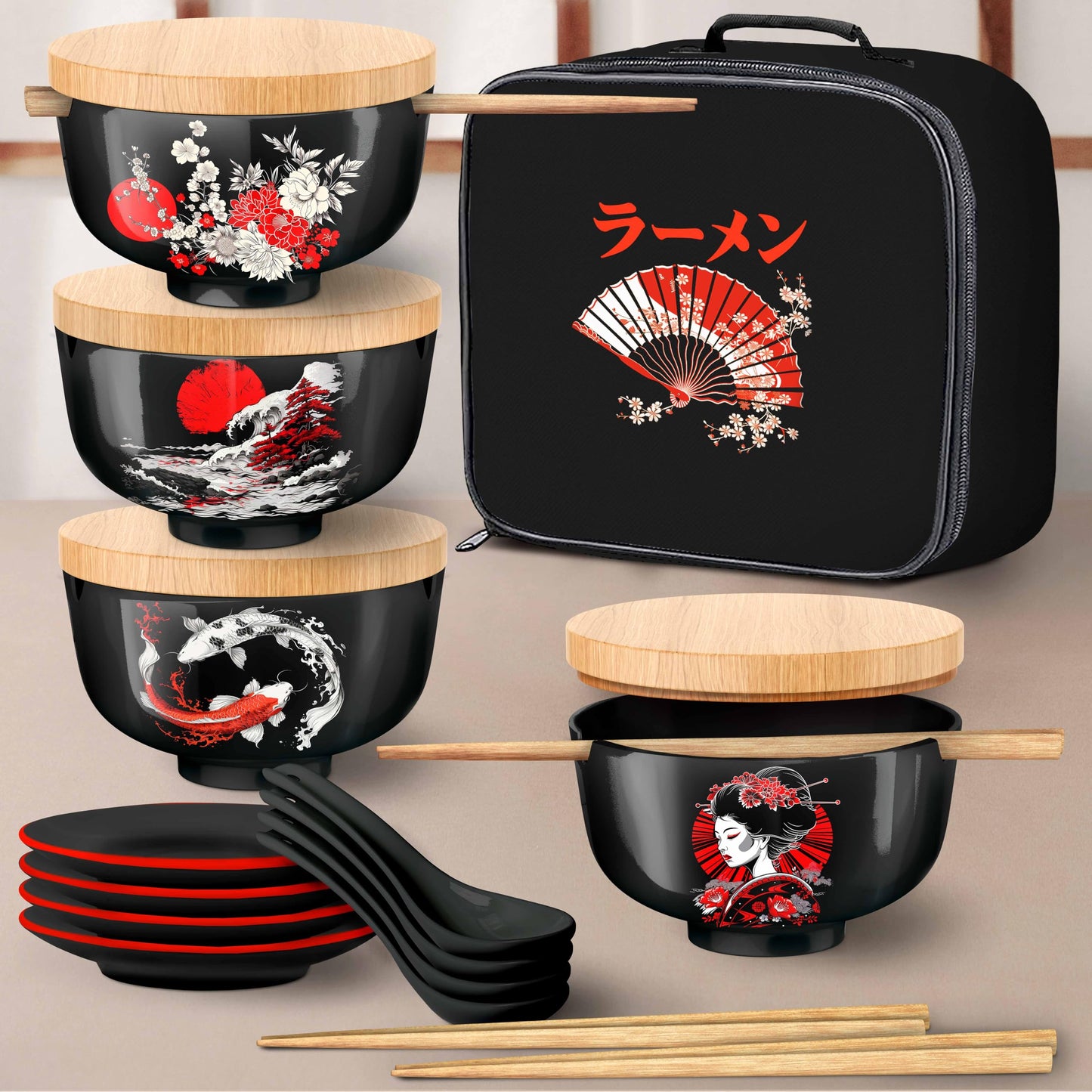 i2 Home Japanese Ramen Bowl Set of 4-20 Pcs, 32 Oz Ceramic Microwaveable & Dishwasher Safe Large Noodle Bowls with Lid & Built-In Chopstick Holder, Pho, Udon, Thai, Korean, Rice - 6.5 Inch