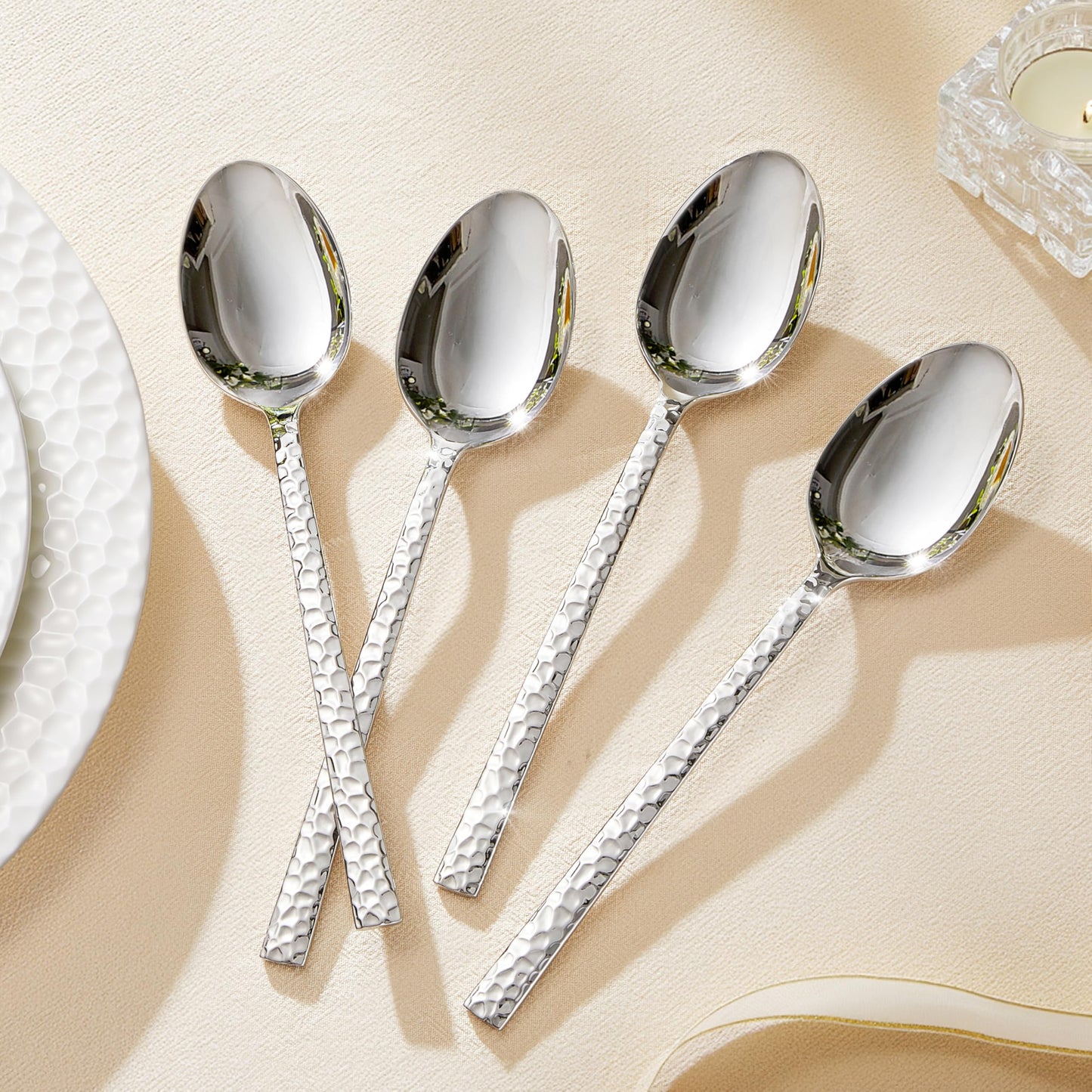 KINGSTONE 8.09-inches Hammered Dinner Spoons Set, 12-Piece 18/10 Stainless Steel Tablespoons, Food Grade Silverware Spoons for Home, Kitchen, Weddings, Parties or Restaurant, Dishwasher Safe