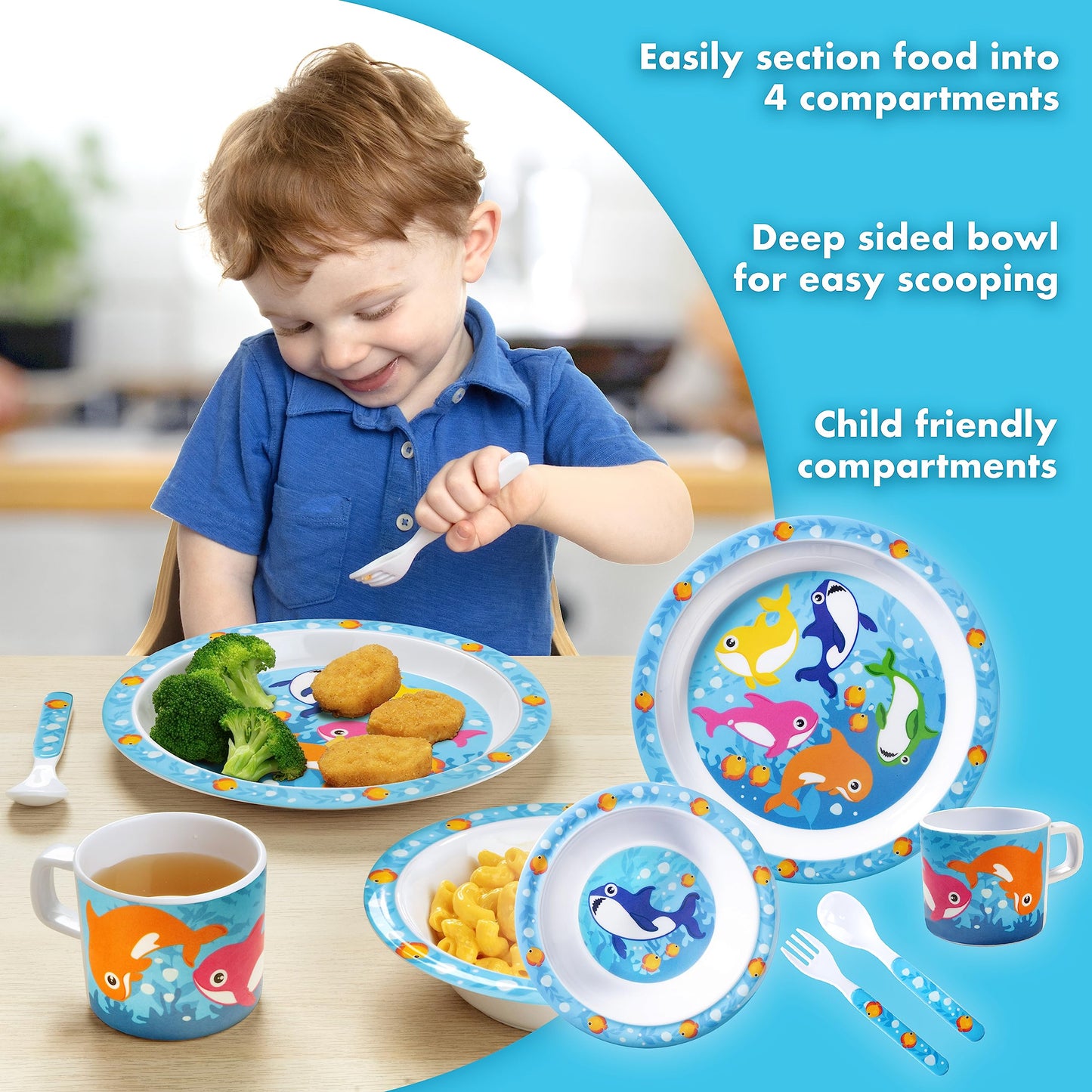 Bentology 5 Pc Mealtime Set for Kids - Shark Theme -Includes Raised Edge Plate & Bowl, Cup, Fork & Spoon -Dishwasher Safe, BPA Free- Cute Durable Dish, Easy Self-Feeding- Gift for Toddlers