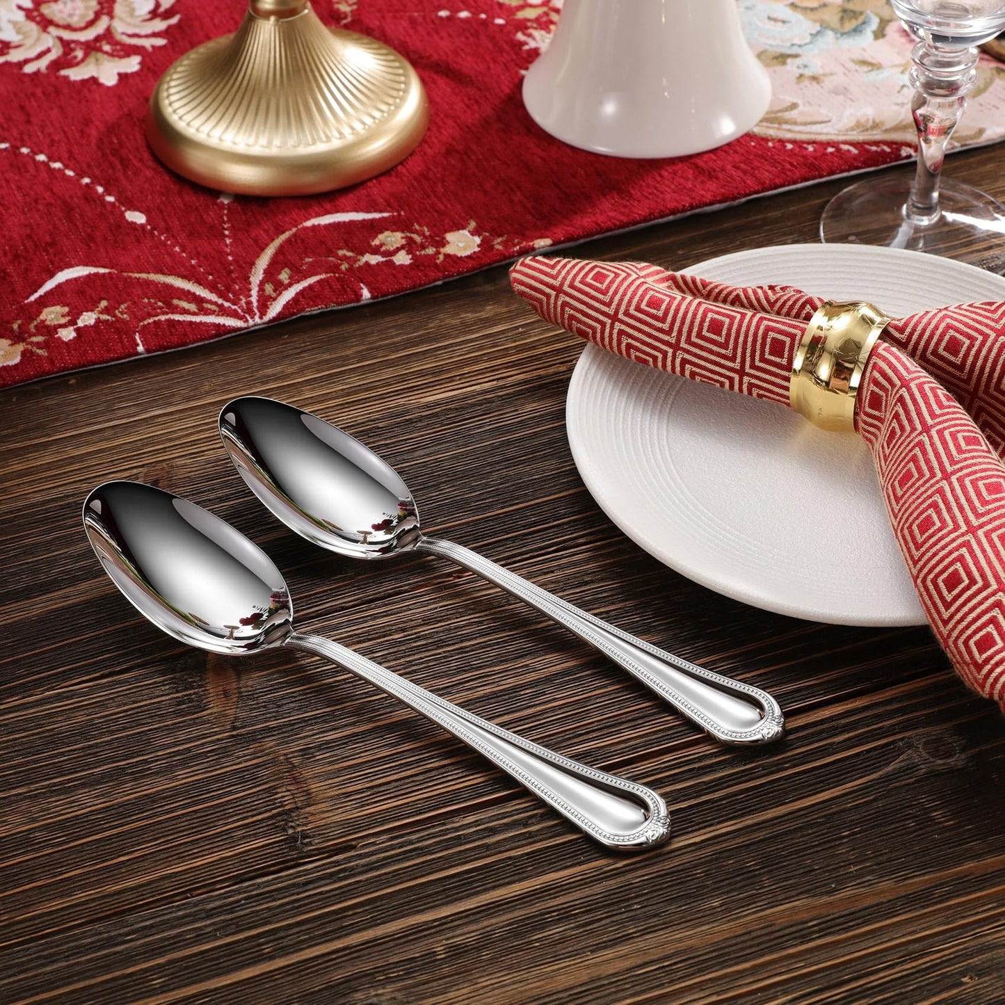 KEAWELL Pearl Edge 4-Piece Premium Spoon Set, 18/10 Stainless Steel, Fine Silverware Spoons with Refined Bead Design, Brightly Polished, Dishwasher Safe (Silver, 9" Serving Spoons)