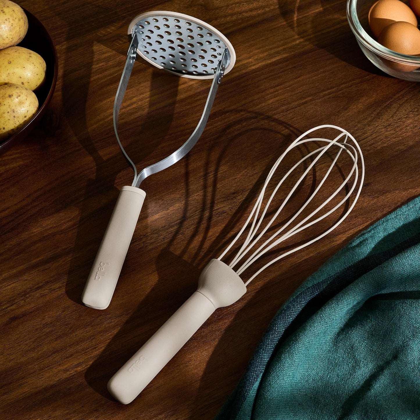 bella 2 Piece Compact Masher and Whisk Set, Fold Flat, Stainless steel and silicone, Foldable Masher, Ballon Whisk, Flat Whisk, Non-stick, Nonslip, Heat safe to 425°F, Slate