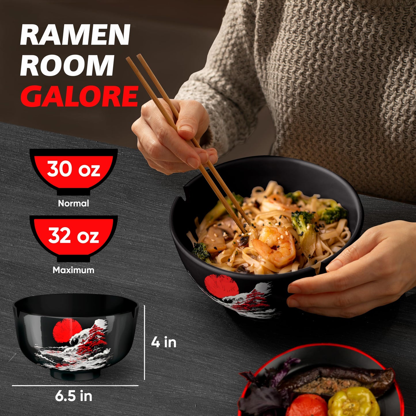 i2 Home Japanese Ramen Bowl Set of 4-20 Pcs, 32 Oz Ceramic Microwaveable & Dishwasher Safe Large Noodle Bowls with Lid & Built-In Chopstick Holder, Pho, Udon, Thai, Korean, Rice - 6.5 Inch