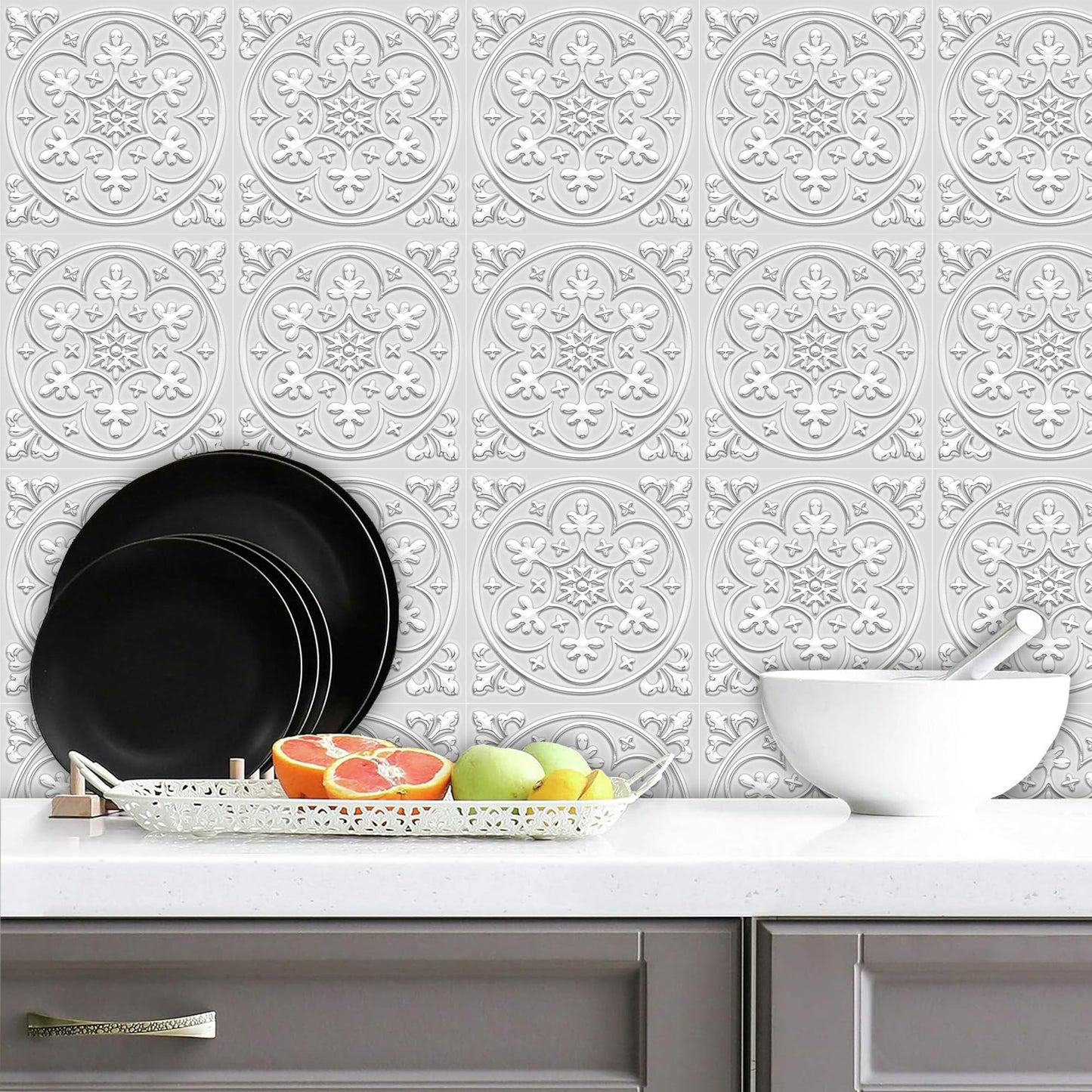 Peel and Stick Wall Tile Stickers Backsplash for Kitchen/Living Room/Bathroom in Metalic Design, 8x8 inch Pack of 10 Self Stick Paper Wall Tile Stickers for Your Home and DIY Projects (Silver)