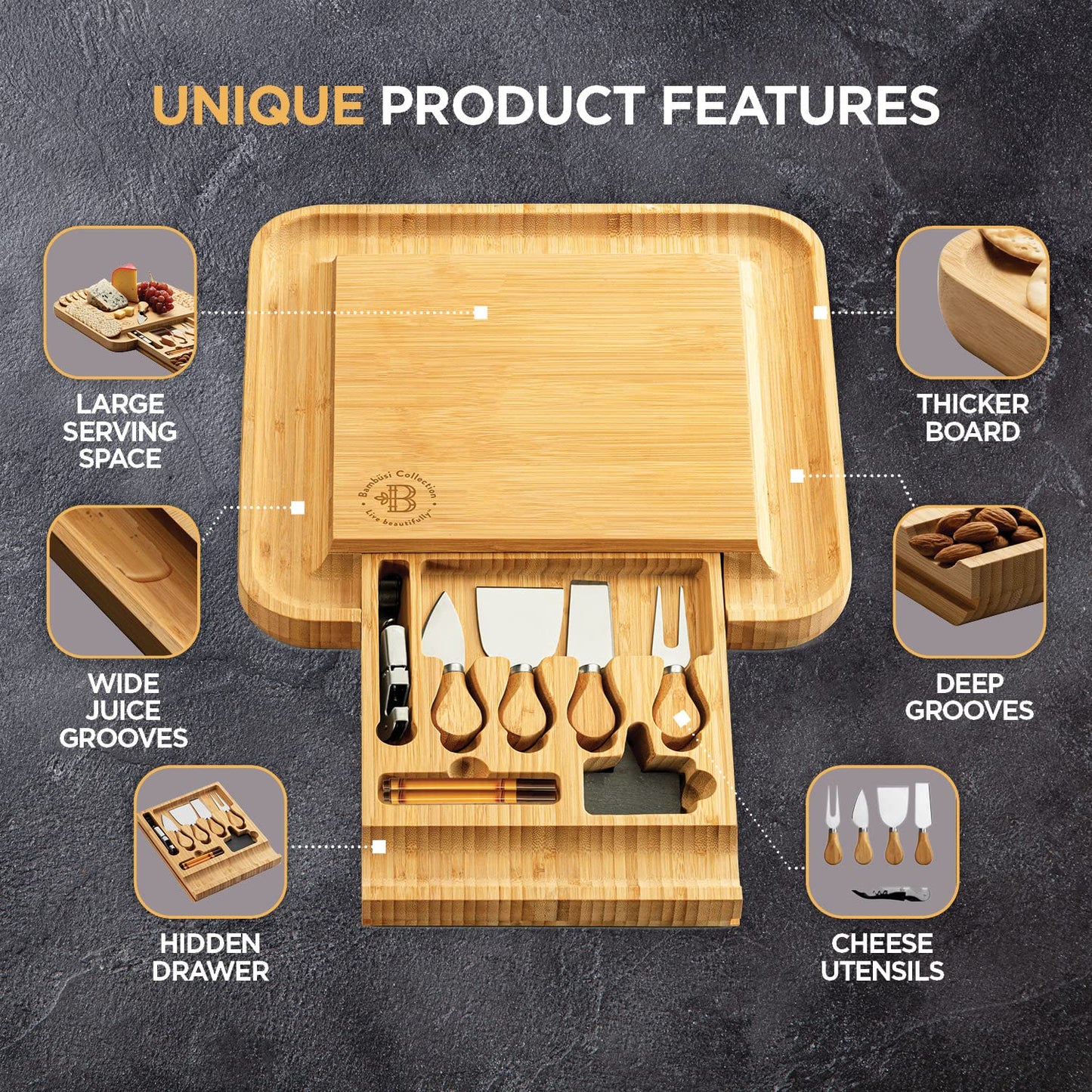 Charcuterie Boards Gift Set - Bamboo Cheese Board Set with Serving Knives, Meat Cheese Platter for Hosting Party Entertaining, Gifts for Women, Mom Dad, Wedding, Birthday, House Warming Gifts New Home
