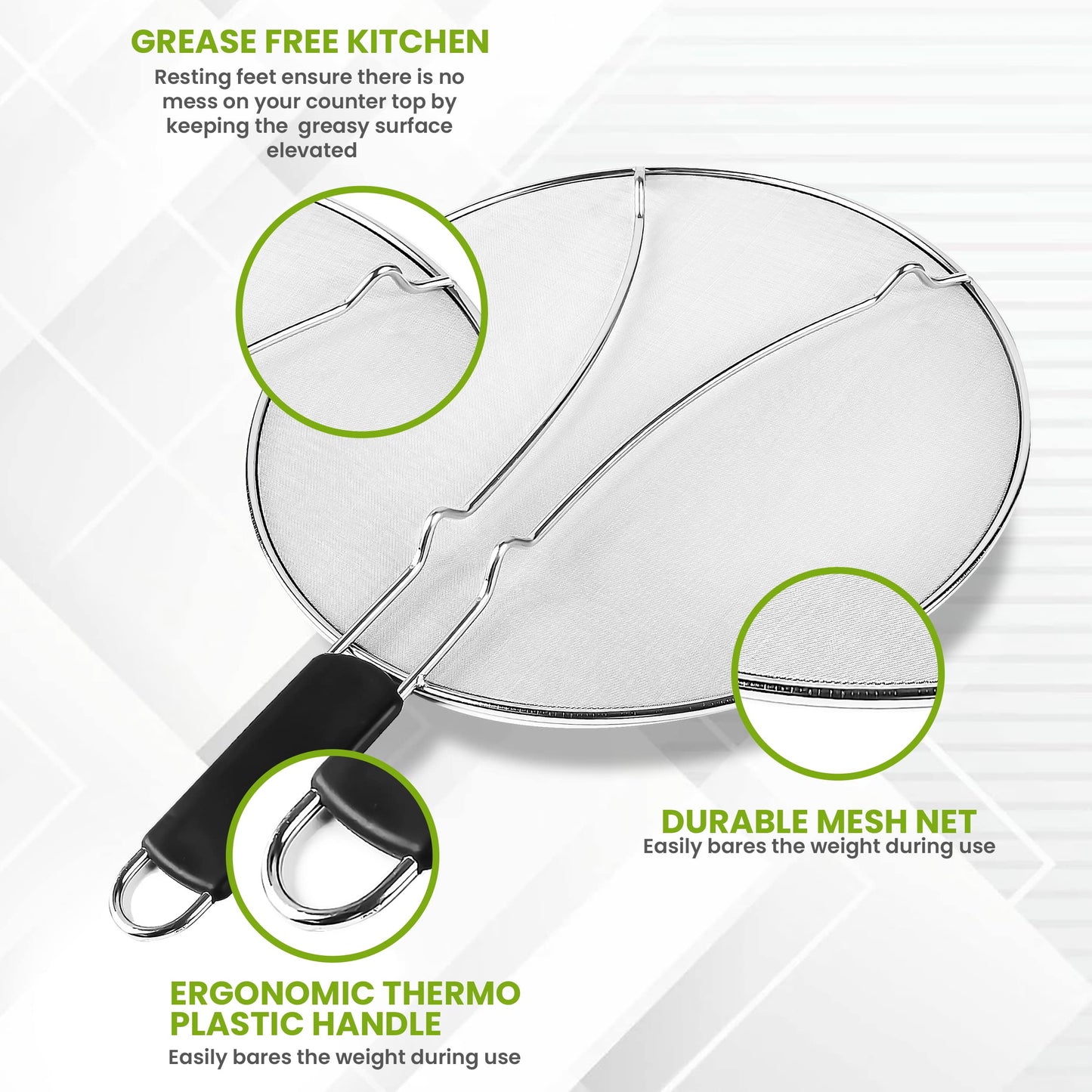 13" Grease Splatter Screen for Cooking | Stainless Steel Oil Splatter Guard and Ultra-Fine Mesh Protects Skin from Burns | TPR Tight-Grip Handle (Black)