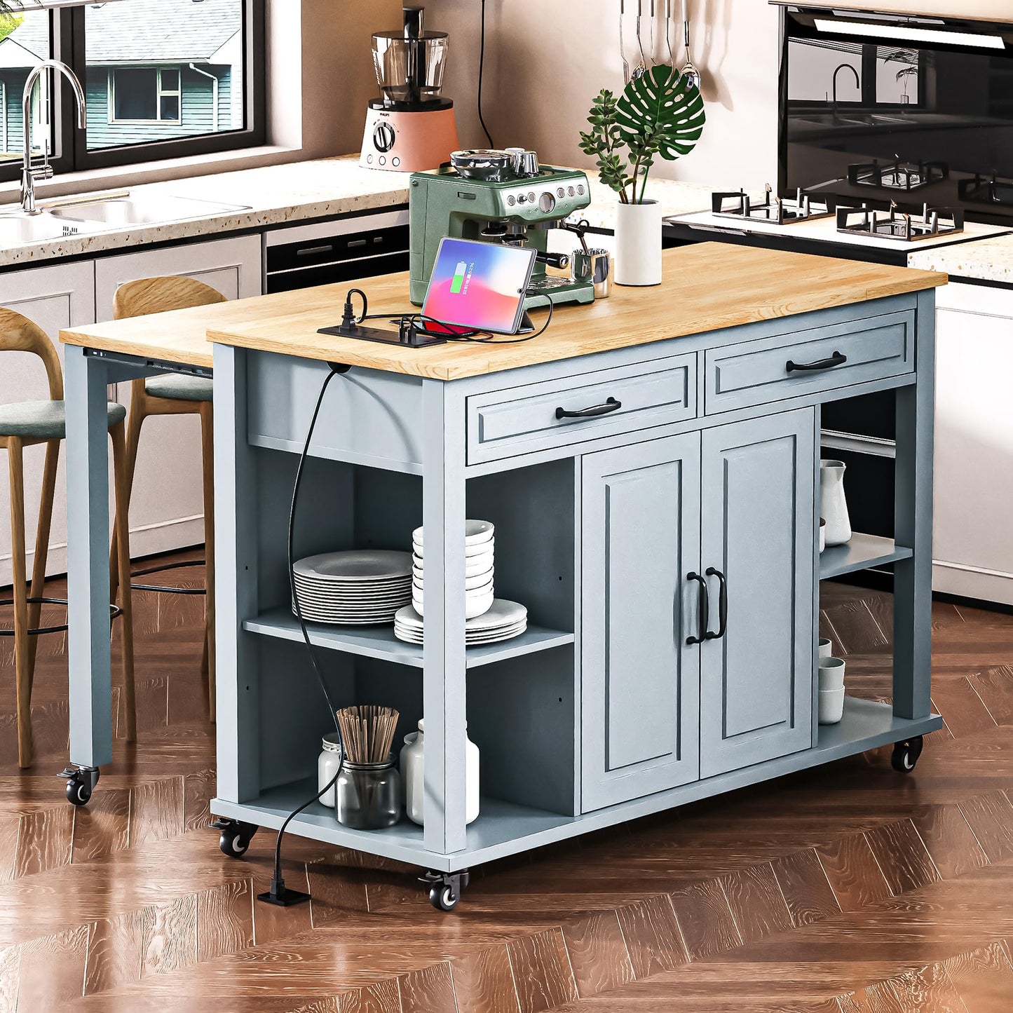 Merax Rolling Kitchen Island on Wheels with Extendable Dining Table & Power Outlet, Wood Kitchen Cart on Wheels with Internal Storage Rack,2 Drawers & 2 Cabinets, 47" Wide Grey Blue