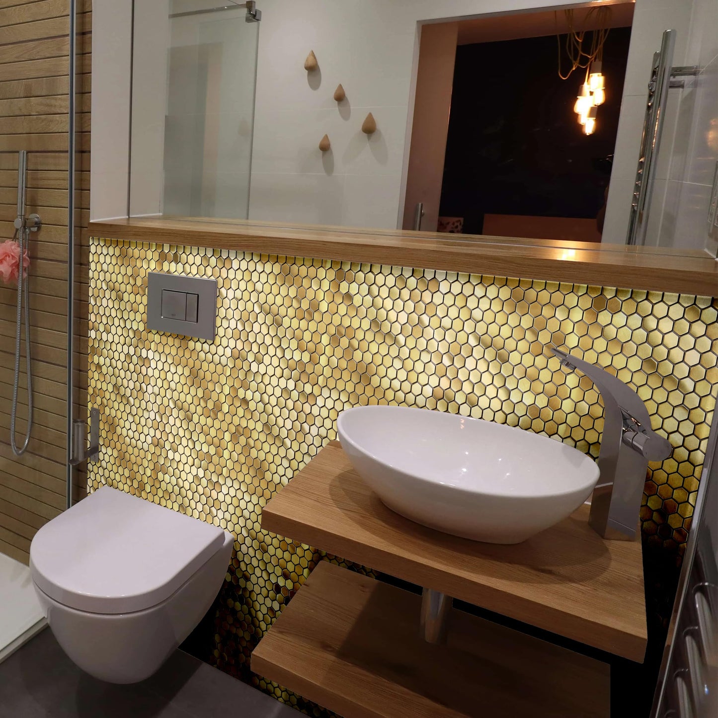 Primoon Hexagon Gold Backsplash Tile, Mosaic Sheets 12''x12'' Mesh Mounted Golden 1 Inch, Brushed Shiny Gold Tiles for Kitchen Bathroom Shower Wall Floor Accent Tile Hotel Lobby Décor【5 Sheets】