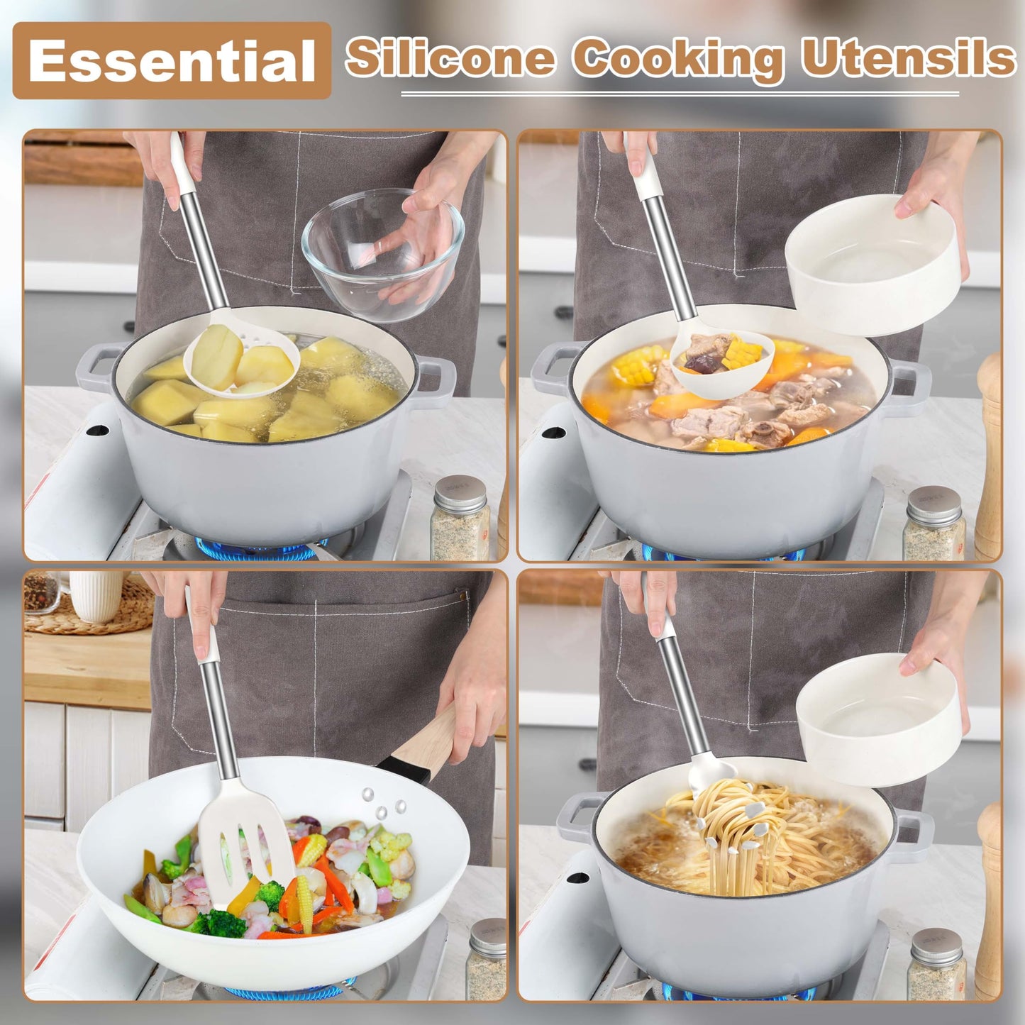 LIANYU Silicone Cooking Utensils Set, 6 Piece Kitchen Cooking Utensils Set, Heat Resistant Kitchen Spatula Gadgets Tools for Nonstick Cookware, Stainless Steel Handle, Dishwasher Safe, White