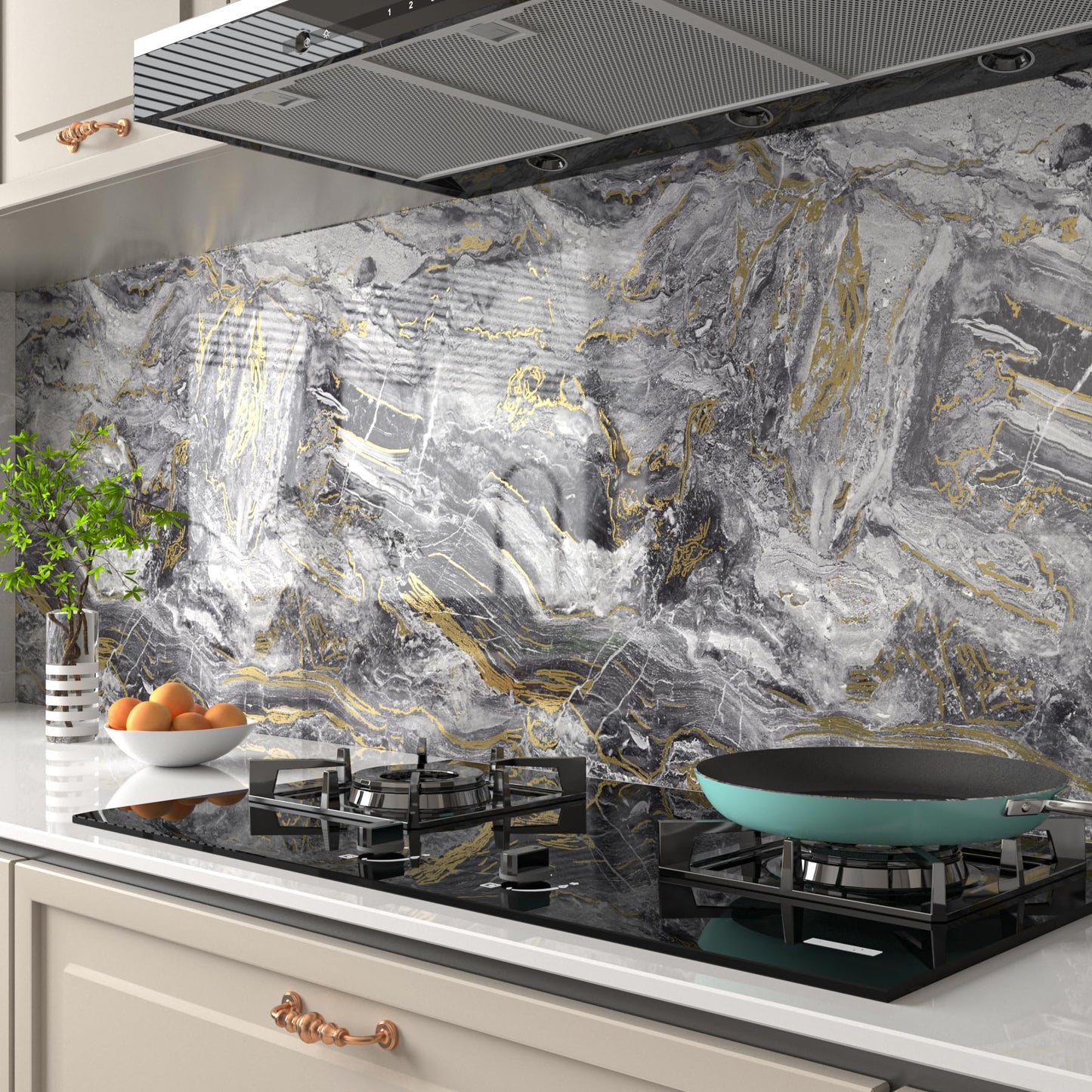 Decotalk 24x120 Inch Glossy Countertop Contact Paper - Grey Marble Contact Paper for Countertops Gold Marble Wallpaper Peel and Stick Counter Top Wrap Waterproof Grey Marbles Wallpaper