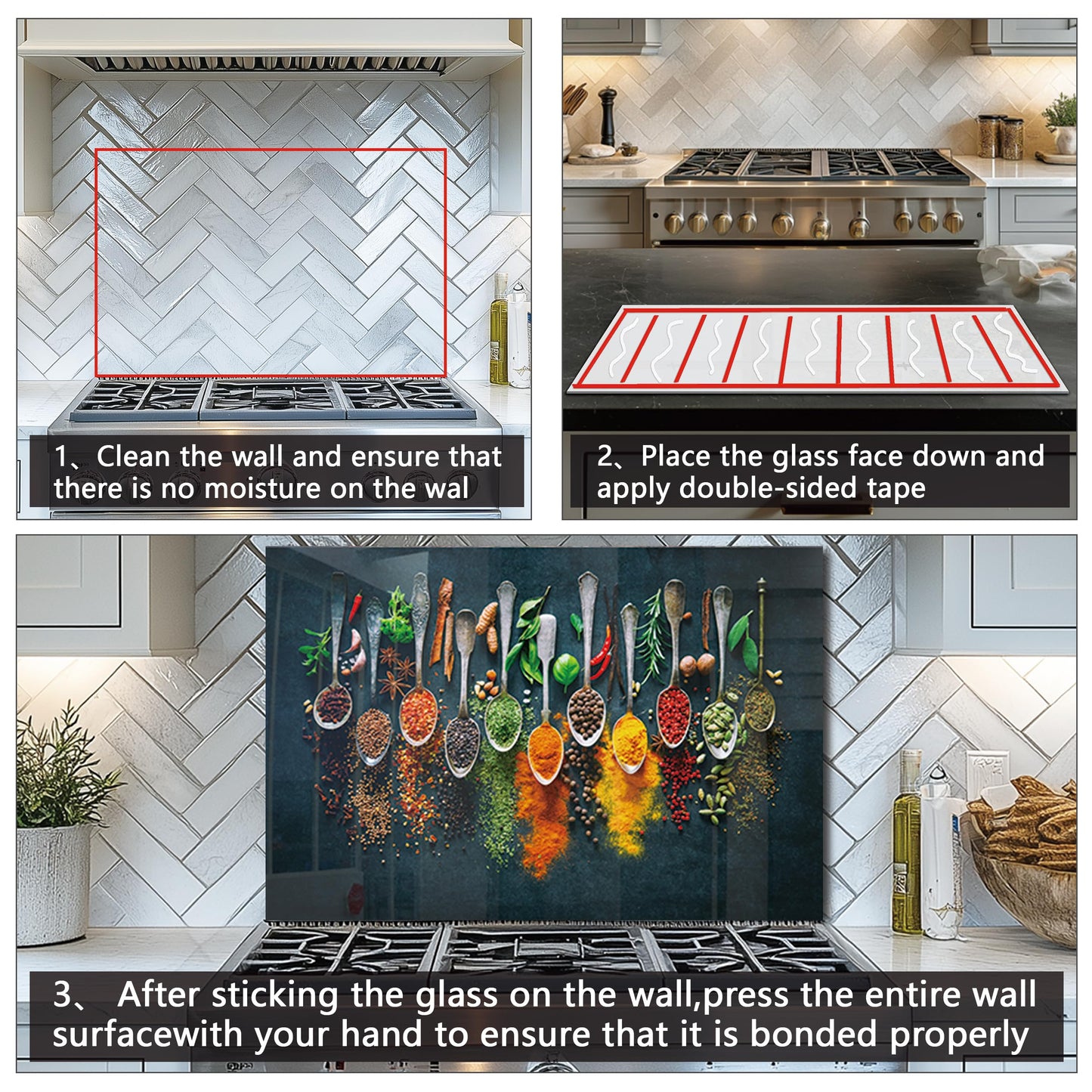 DAIFURONGE Tempered Glass Backsplash for Kitchen, Behind Stove Panel, Art Deco Spice Design, Easy to Clean Glass Splashback, Splash Guard, Wall Decor, 30"x18" (76.2x45.72cm)