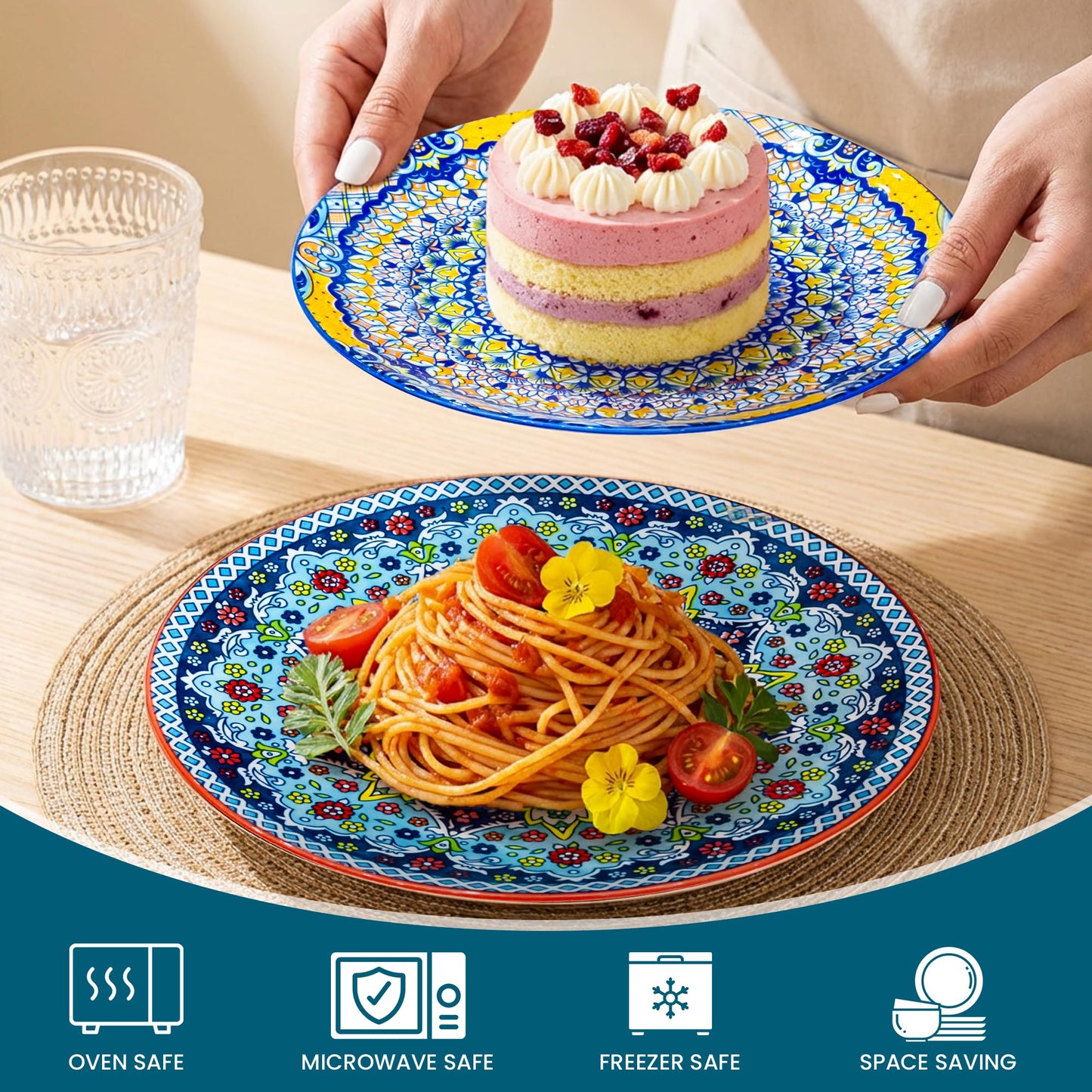 Romatlink 12 Pieces Dinnerware Sets, Ceramic Plates and Bowls Set, Microwave and Dishwasher Safe, Scratch Resistant, Bohemian Style Dishware Set, Service for 4