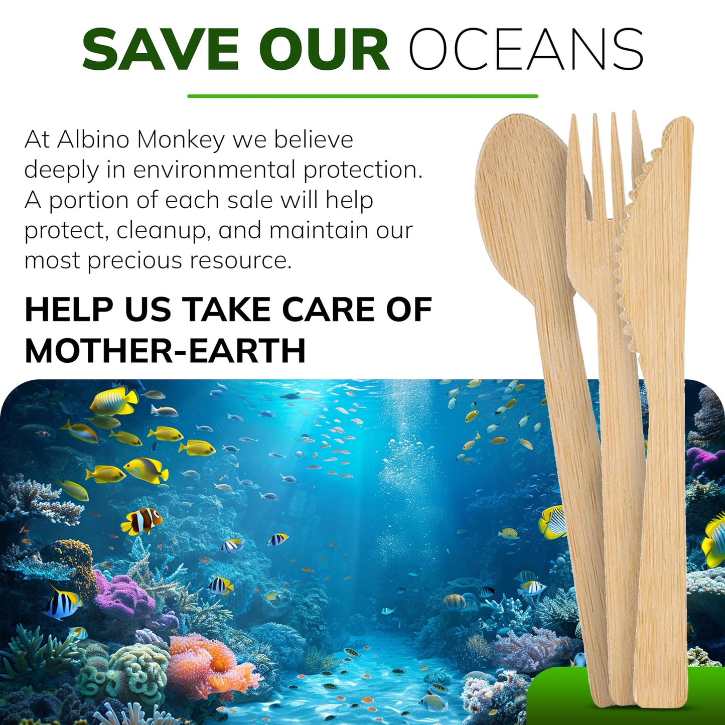 Albino Monkey Wooden Cutlery Set - 100 Pcs Disposable Bamboo Forks, Spoons, Knives - Compostable 100% Natural Bamboo Utensils for Parties, Picnics, Camping, Weddings - Eco-Conscious Dining Supplies