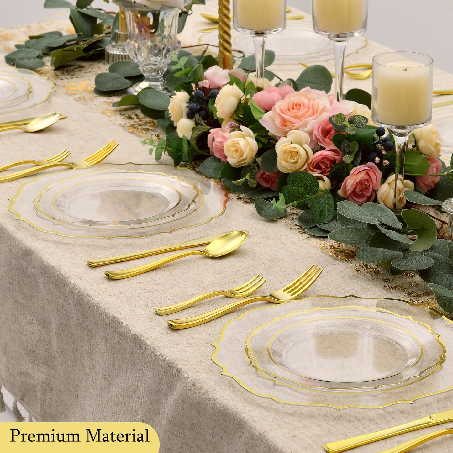 Noemie 300 PCS Premium Clear Plastic Plates, Clear Baroque Dinnerware Set for 50 Guests with Gold Trim Include 50 Dinner & 50 Dessert Plates, 200 Gold Silverware Set