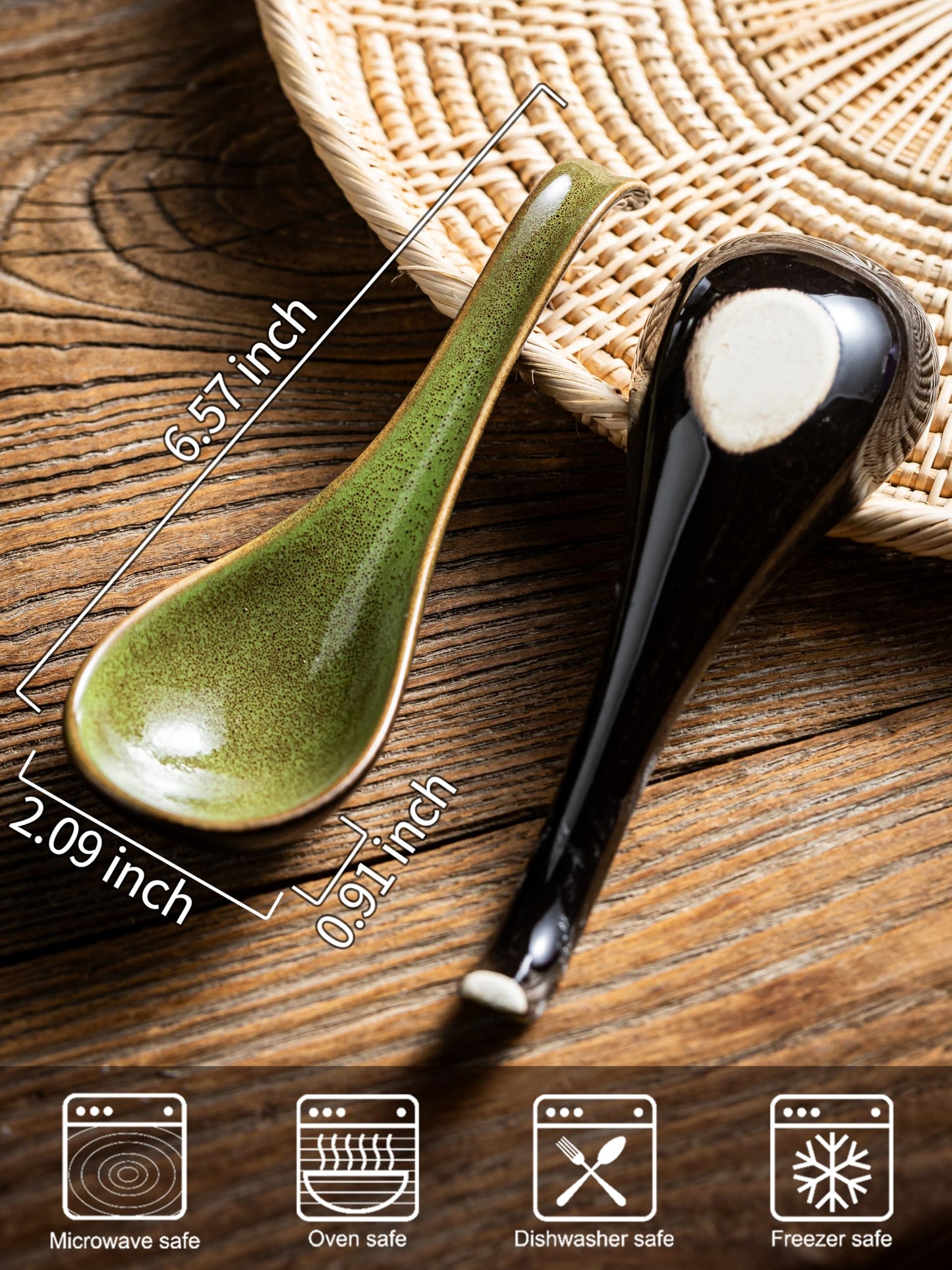 Gomakren Asian Soup Spoons, 6.5 Inch Ceramic Chinese Soup Spoons for Cereal, Ramen, Pho, Noodles, Stews, Green Kitchen Spoons with Long Handle and Deep Oval Design, Mothers Day Gifts - Set of 6