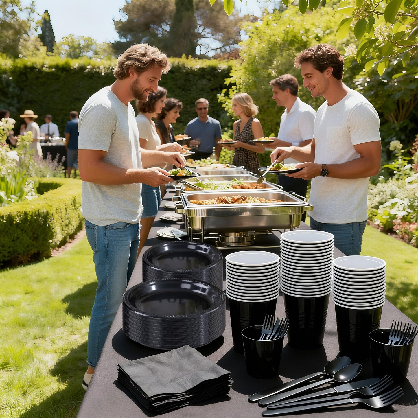 WELLIFE 210 PCS Black Plastic Plates for 30 Guests - Disposable Dinnerware Set Including Dinner Plates, Dessert Plates, 12oz Cups, Cutlery & Napkins, Black Disposable Plates for Party and Birthdays