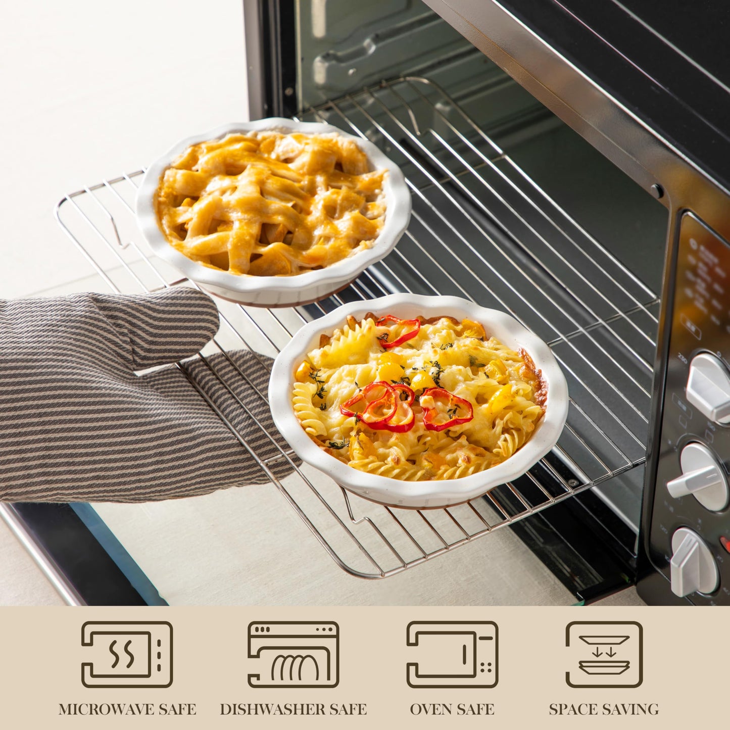 MALACASA Ceramic Mini Pie Pans Set of 6, 6 Inch Pie Plates for Baking with Ruffled Edge, Small Quiche Baking Dish Pans Tart Pans, Individual Pot Pie Plates, Microwave & Oven Safe, Khaki White