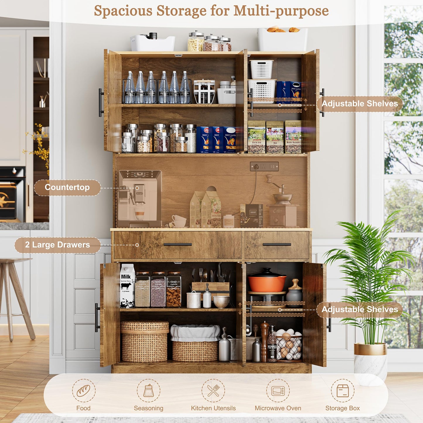Shintenchi Pantry Cabinet with Charging Station, 70” Tall Kitchen Storage Cabinet with Microwave Stand, Storage Drawers & Adjustable Shelves, Large Capacity Kitchen Hutch for Dining Room, Brown