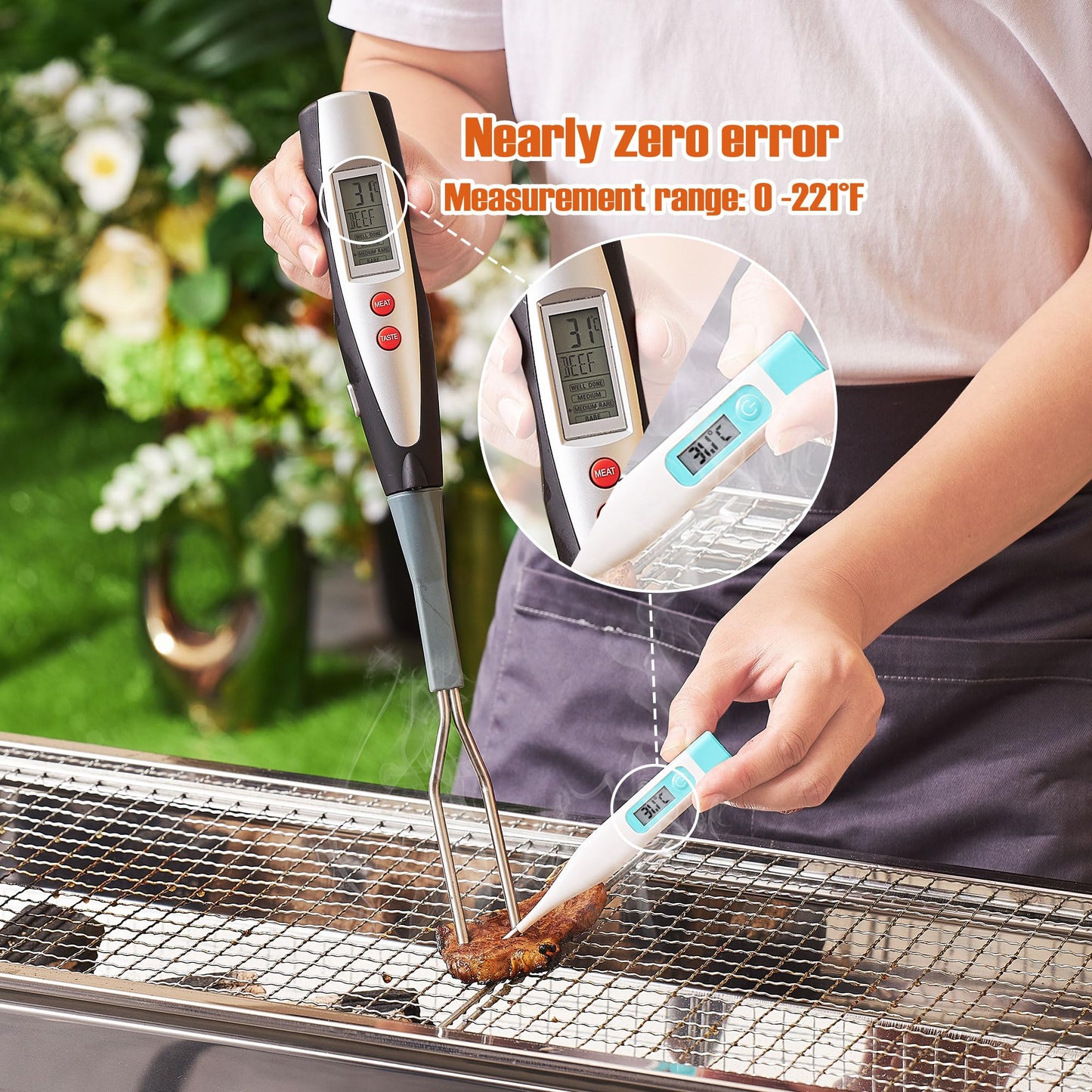 lfcforldx Meat Thermometer Fork for BBQ & Grilling – Instant Read Food Thermometer with Preset Meat Temperatures, Long Heat-Safe Handle, Backlit LCD for Steak, Chicken & Outdoor Cooking, Black