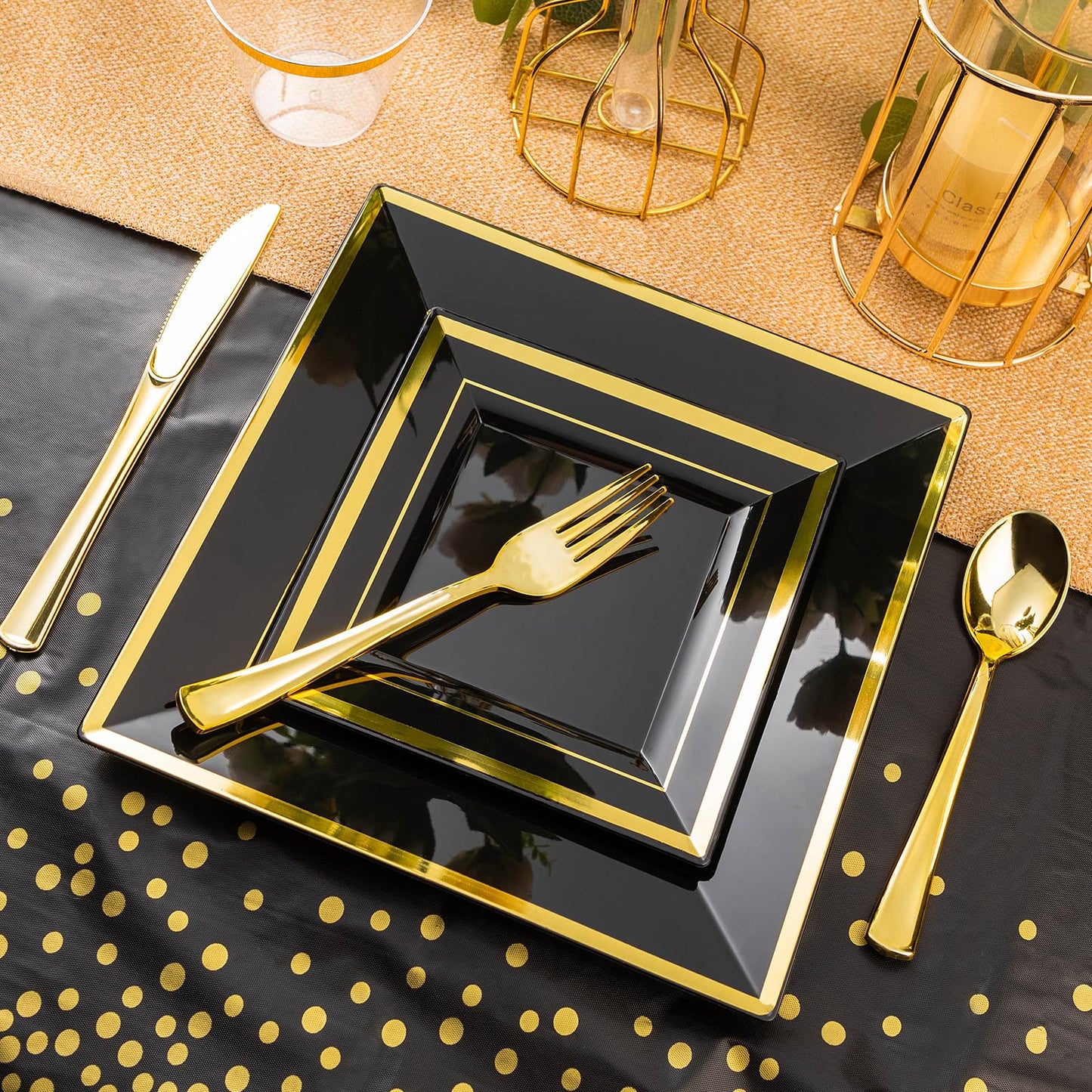 Goodluck 352 Pieces Black Dinnerware Set for 50 Guests, Black Square Plastic Plates with Gold Trim, Include: 100 Plastic Plates, 50 Rolled Napkins, 50 Cups, 50 Cutlery Set and 2 Tablecloth