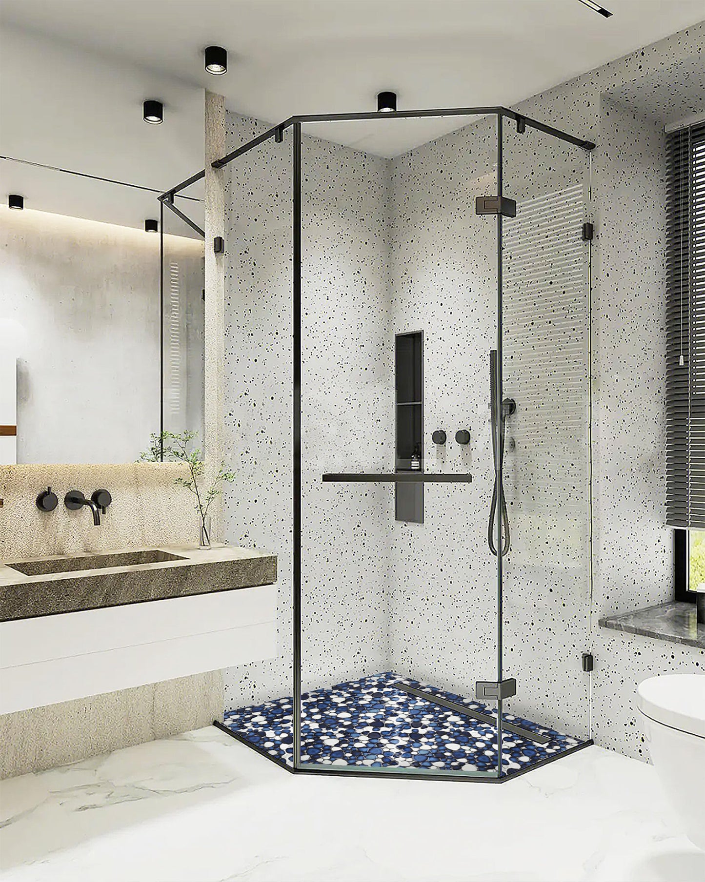 Primoon Pebble Ceramic Tiles 5 Sheets, Heart-Shaped 12x12 Floor Tile Ceramic, Dark Blue Mosaic Tiles Mesh Mounted, Waterproof Porcelain Tile Decorative for Kitchen Bath Backsplash Shower Floor Pool