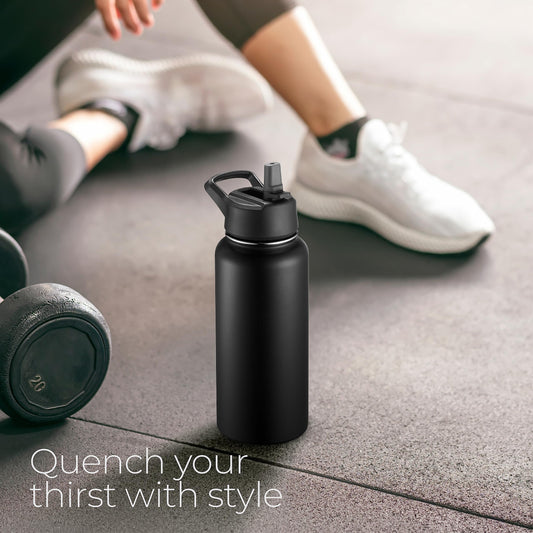 SipX™ 32 oz Insulated Water Bottle with 3 Lids – Leakproof Stainless Steel, Triple Insulated – Cold 24 Hours/Hot 12 Hours – Durable Bottle for School, Gym, Travel – Black